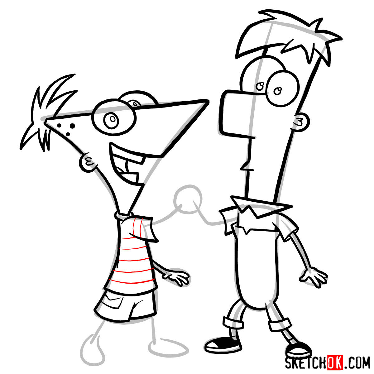 How to draw Phineas and Ferb - step 14