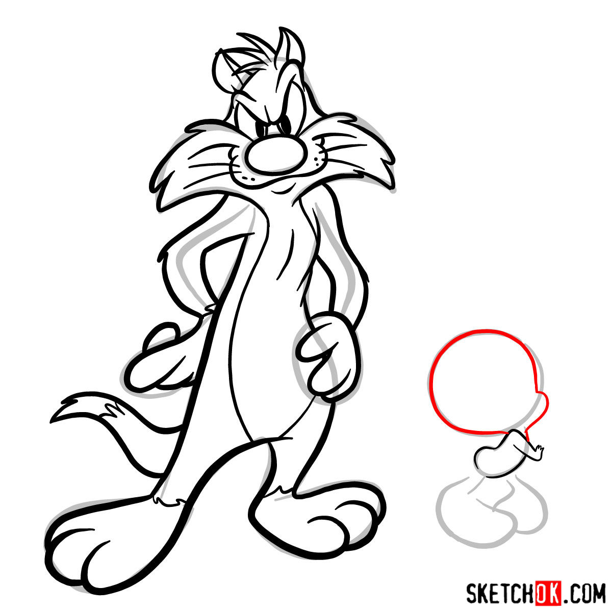 How to draw Sylvester and Tweety - step 14