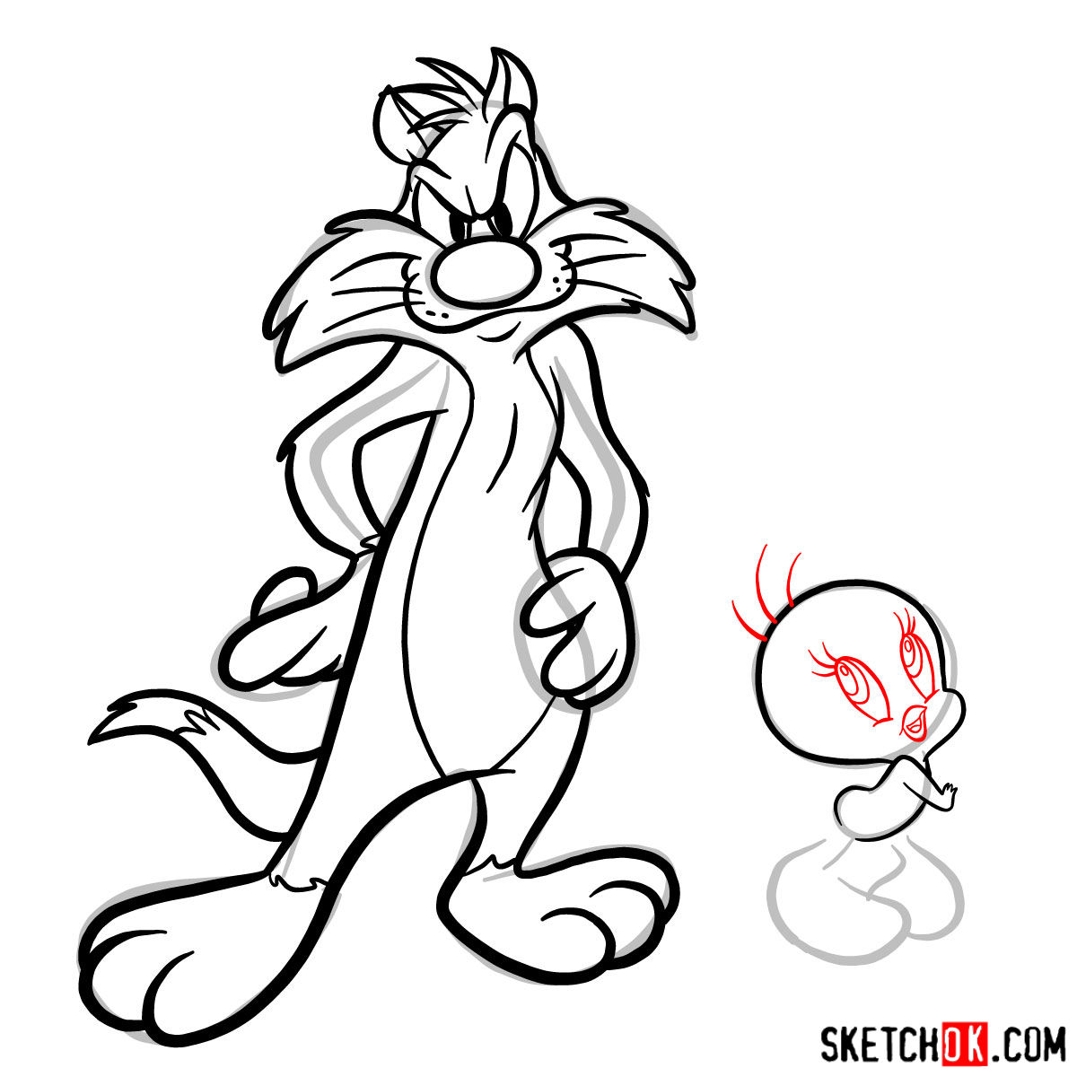How to draw Sylvester and Tweety - step 15