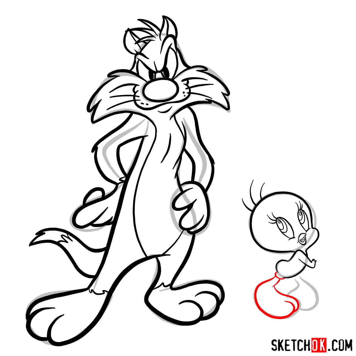 How to draw Sylvester and Tweety - step 16