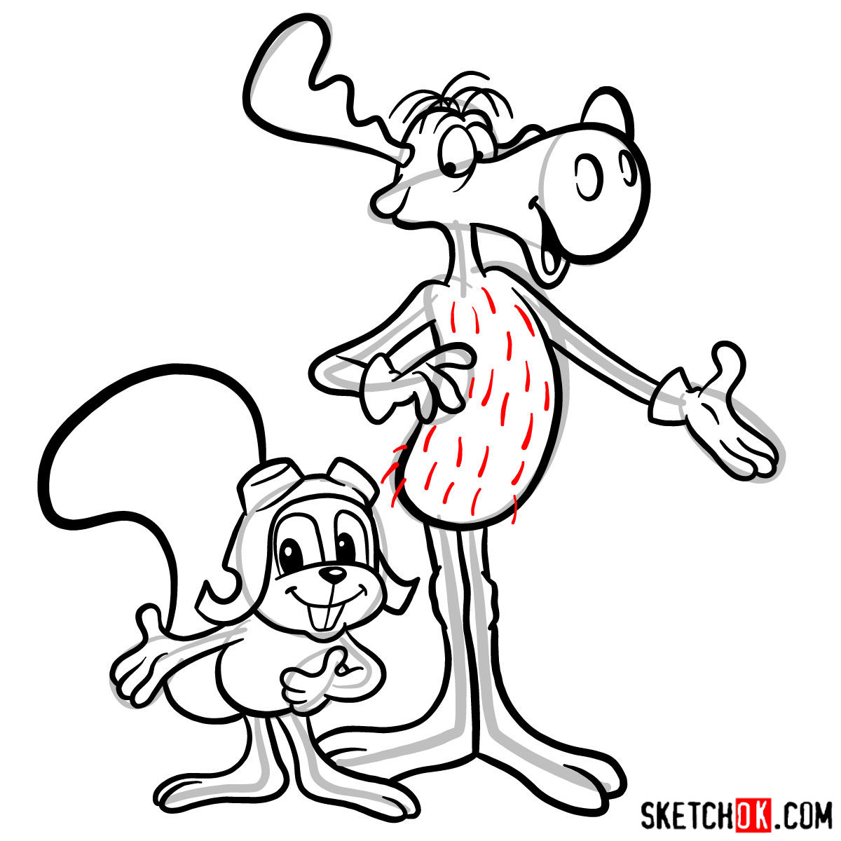 How to draw Rocky and Bullwinkle together - step 17