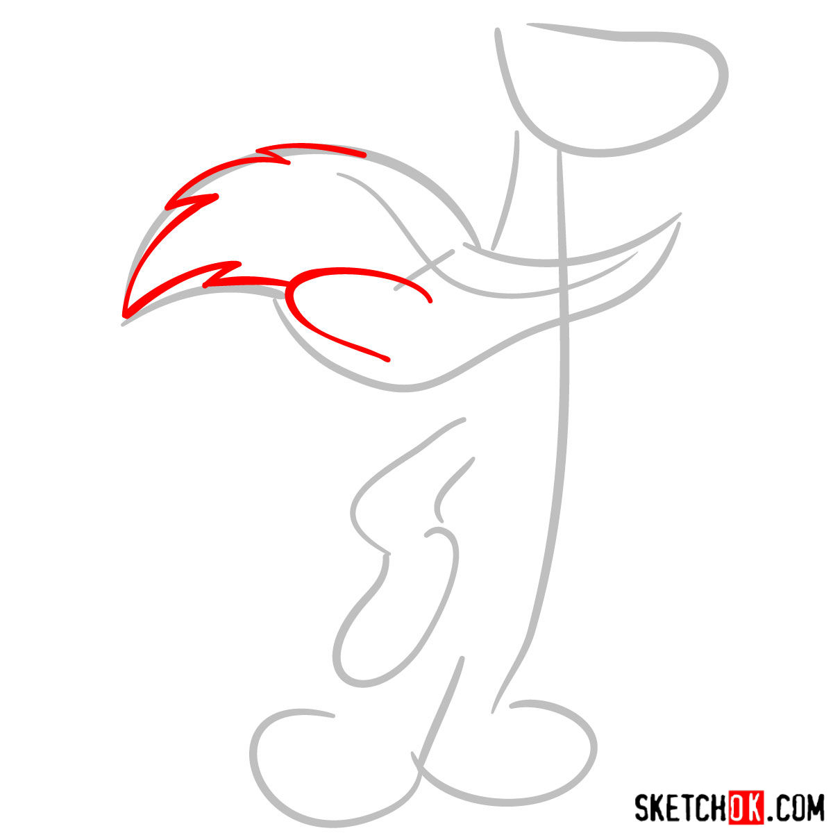 How to draw Woody Woodpecker - step 02