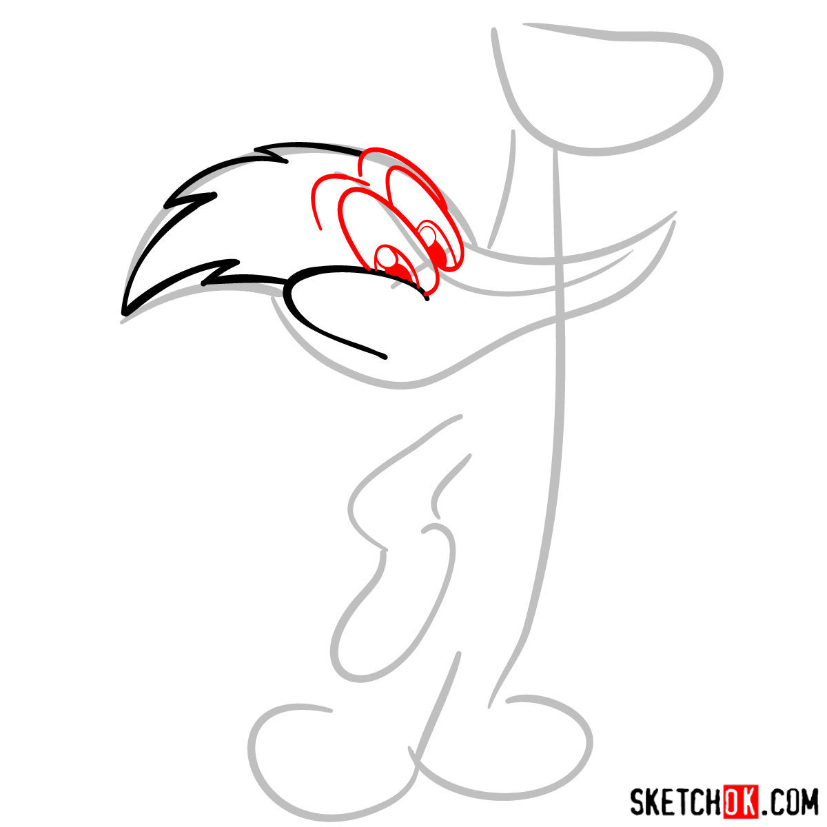 How to draw Woody Woodpecker - step 03