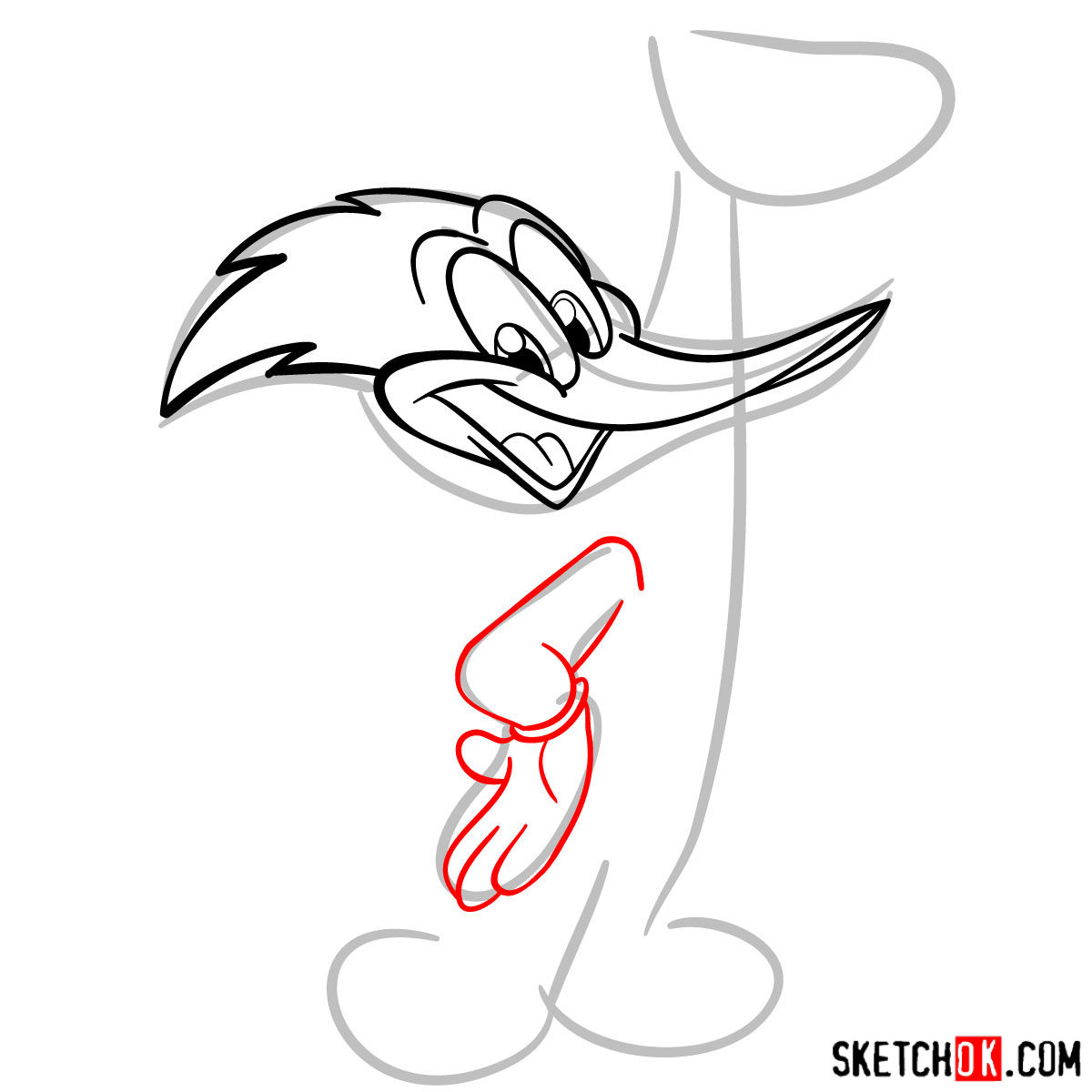 How to draw Woody Woodpecker - step 05
