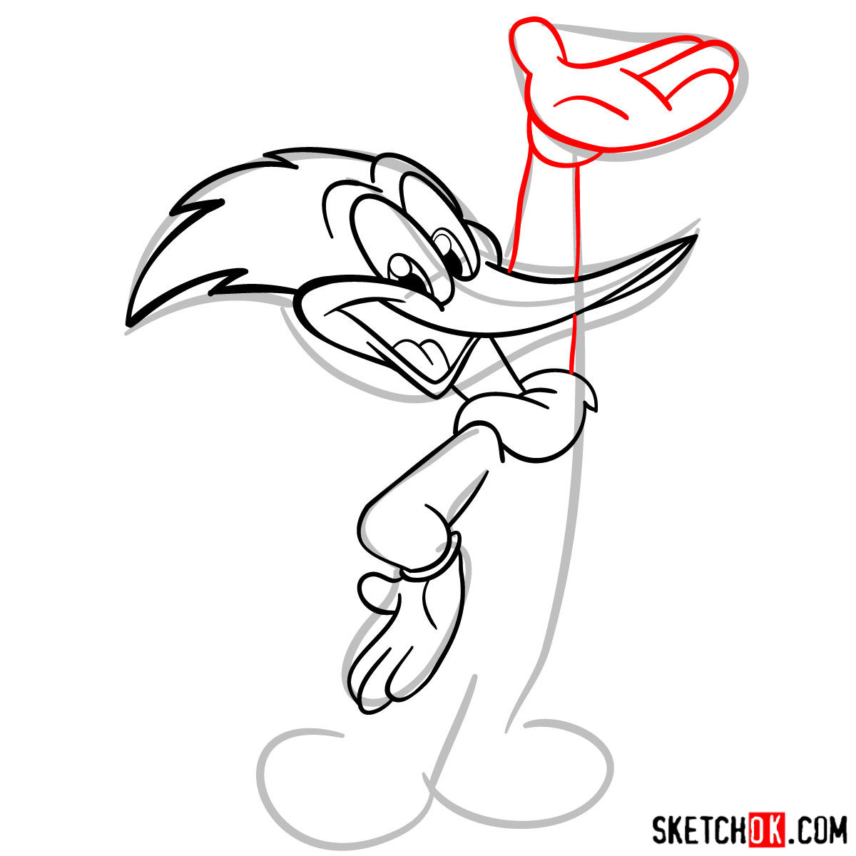 How to draw Woody Woodpecker - step 07