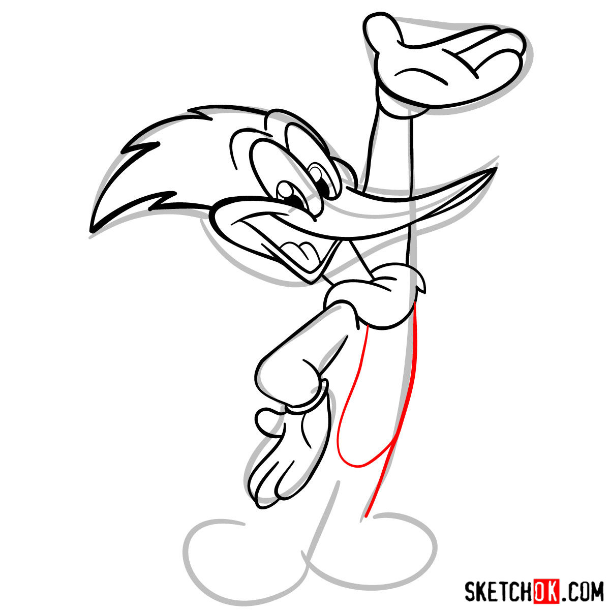 How to draw Woody Woodpecker - step 08