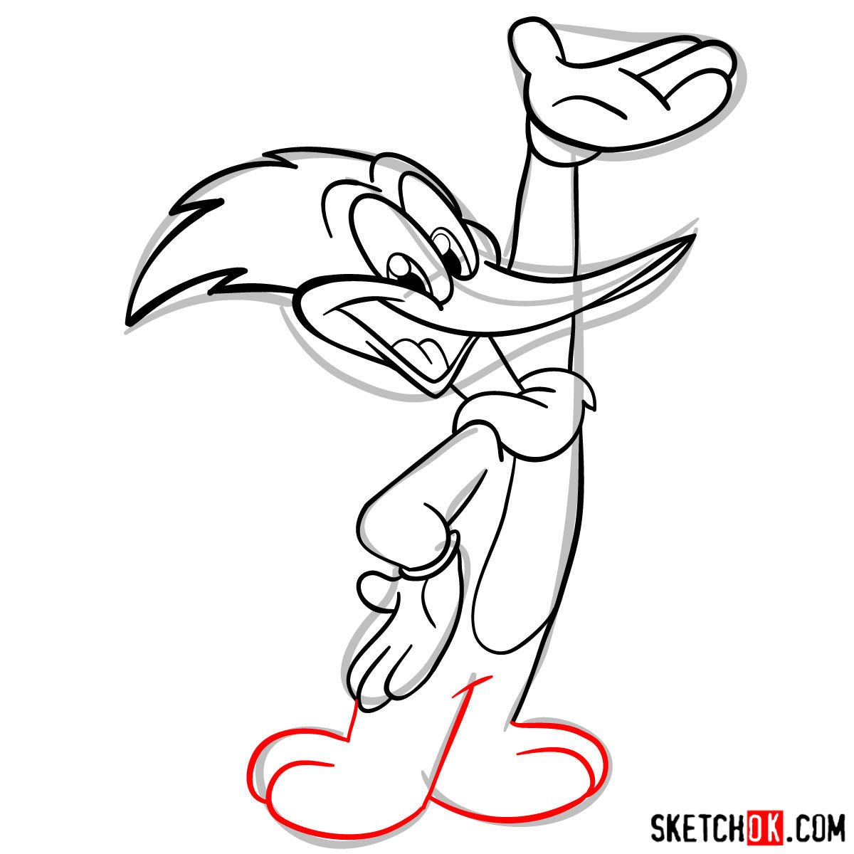 How to draw Woody Woodpecker - step 09