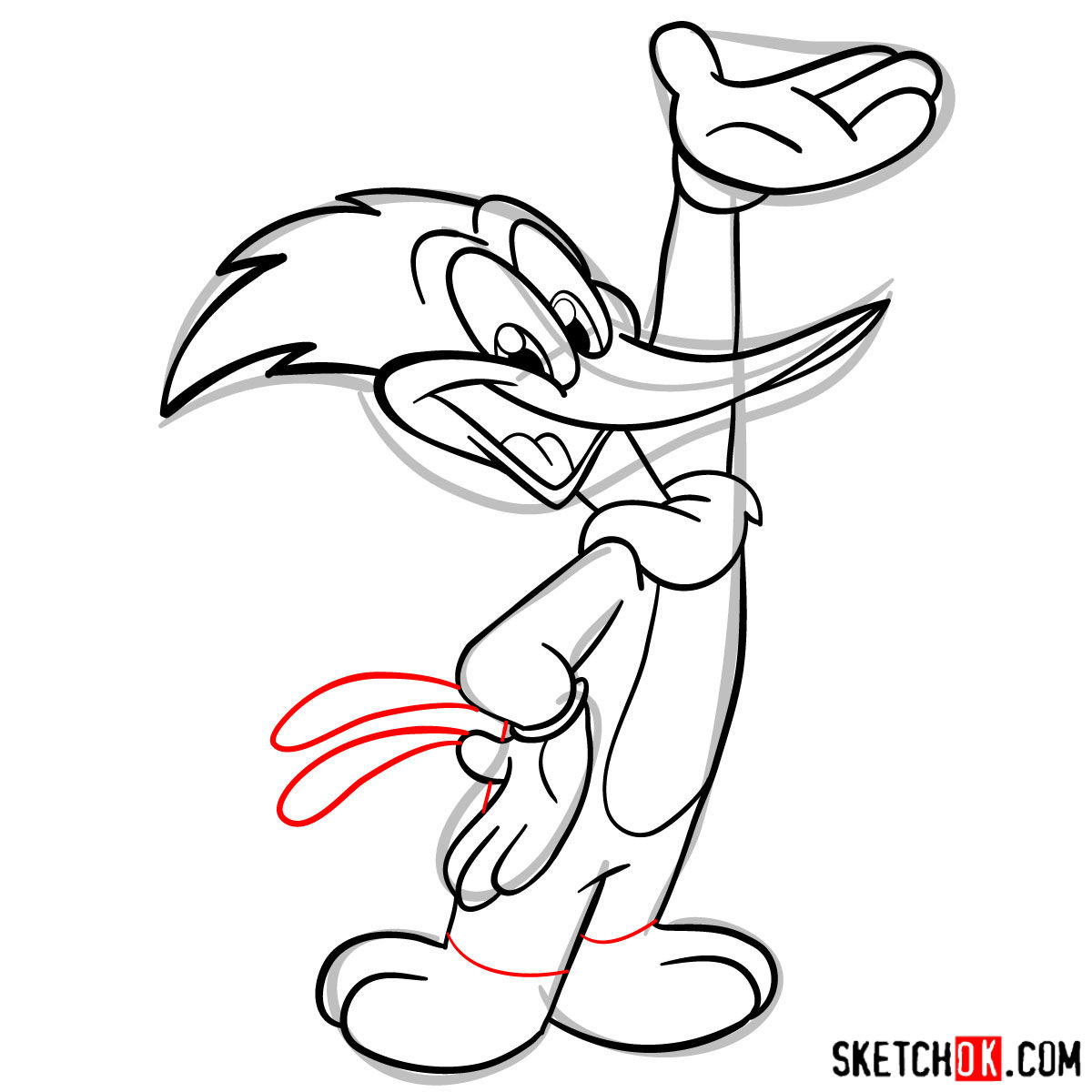 How to draw Woody Woodpecker - step 10