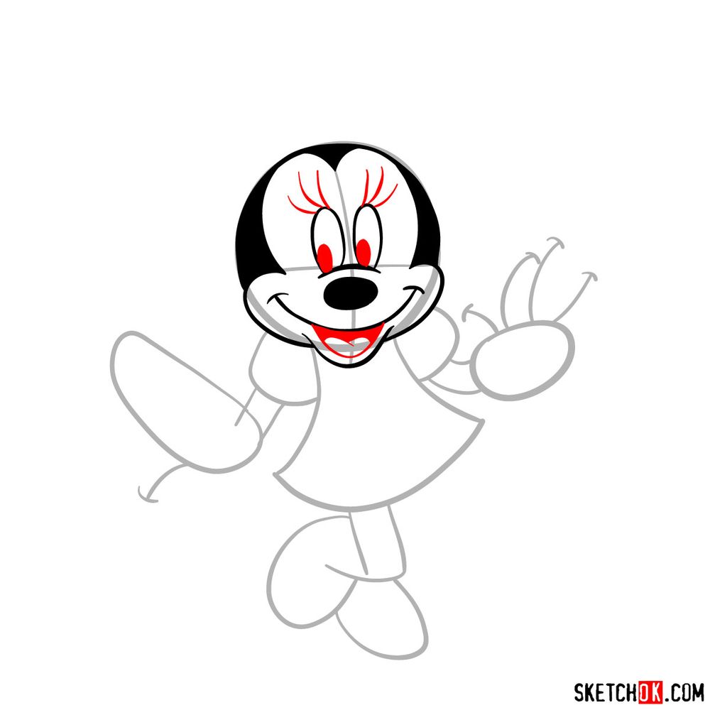 How to draw dancing Minnie Mouse - step 08