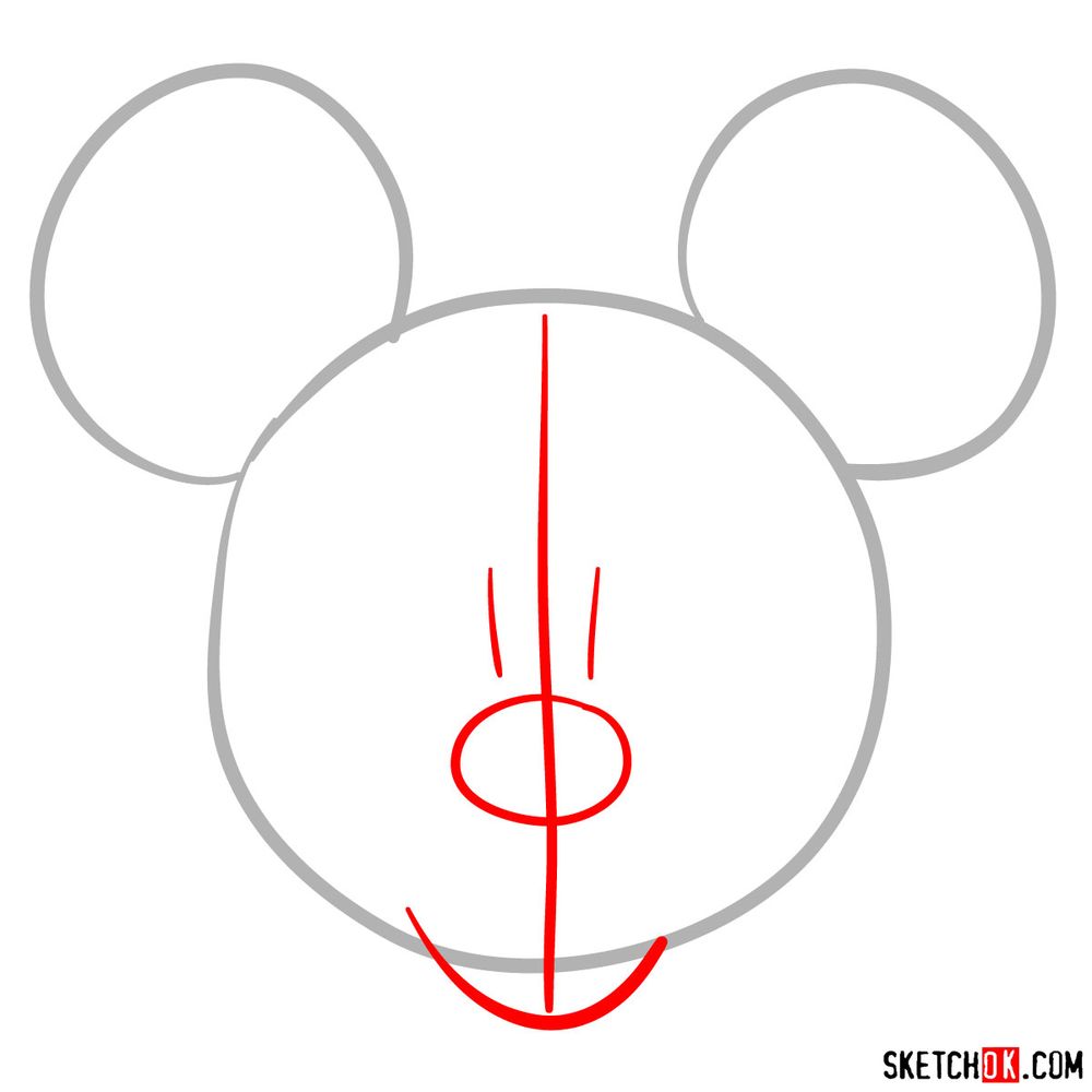 Draw the face of Mickey Mouse (front view) - step 02
