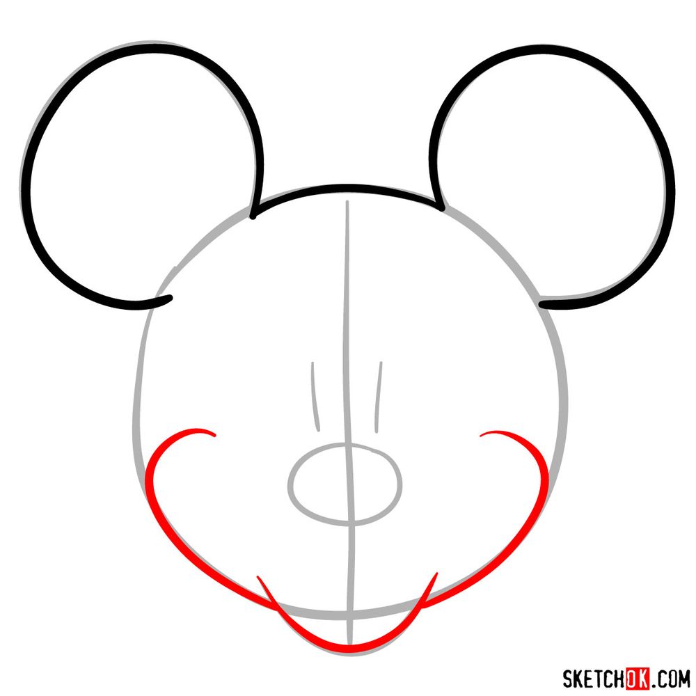 Draw the face of Mickey Mouse (front view) - step 04