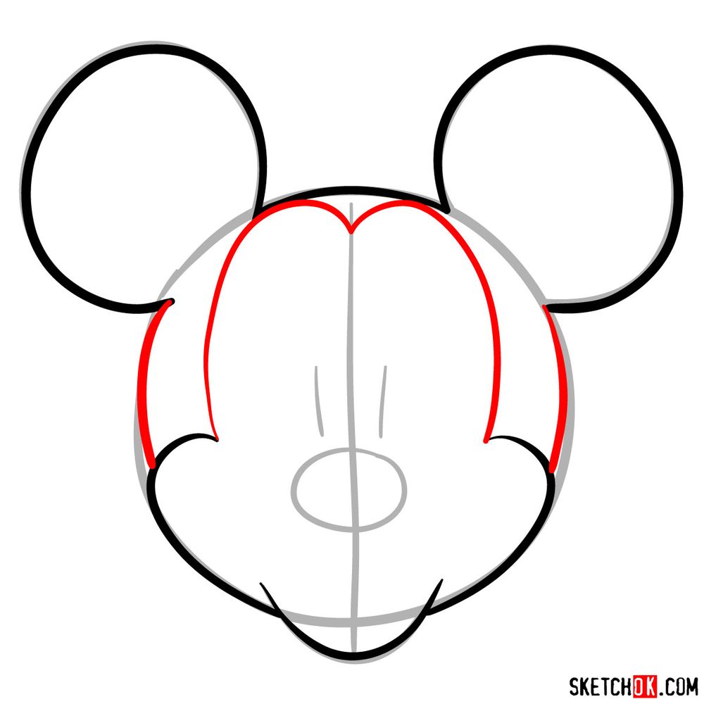 Draw the face of Mickey Mouse (front view) - step 05