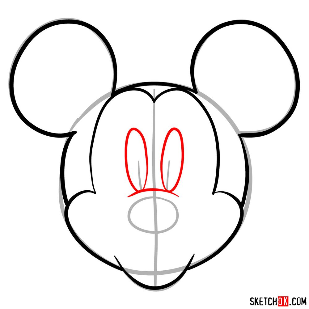 Draw the face of Mickey Mouse (front view) - step 06