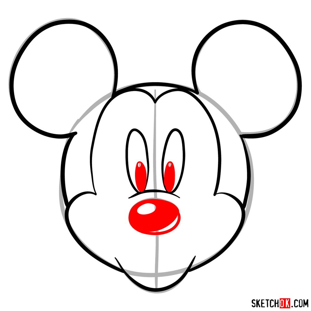 Draw the face of Mickey Mouse (front view) - step 07