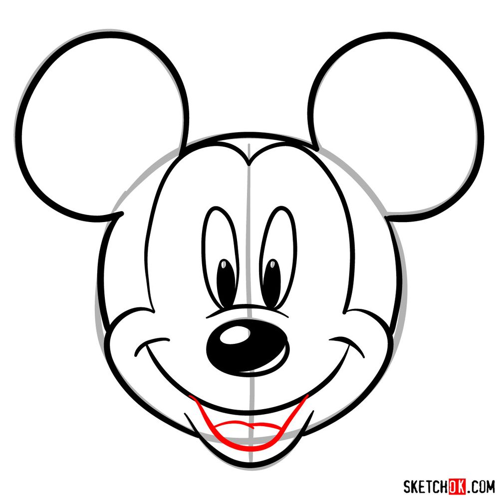Draw the face of Mickey Mouse (front view) - step 09