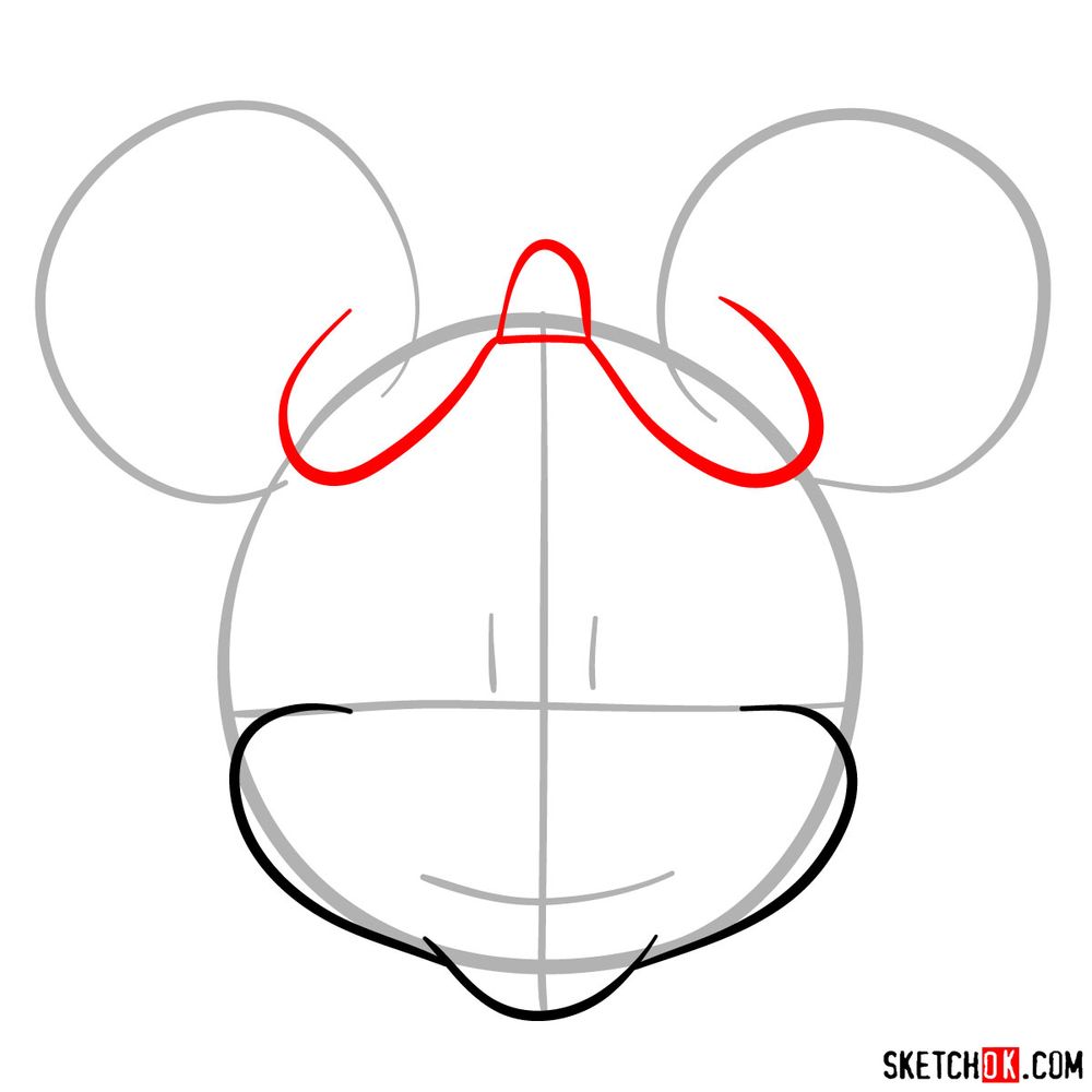 How to draw the face of Minnie Mouse (front view) - step 03
