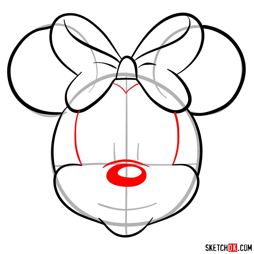 How to draw the face of Minnie Mouse (front view) - step 07
