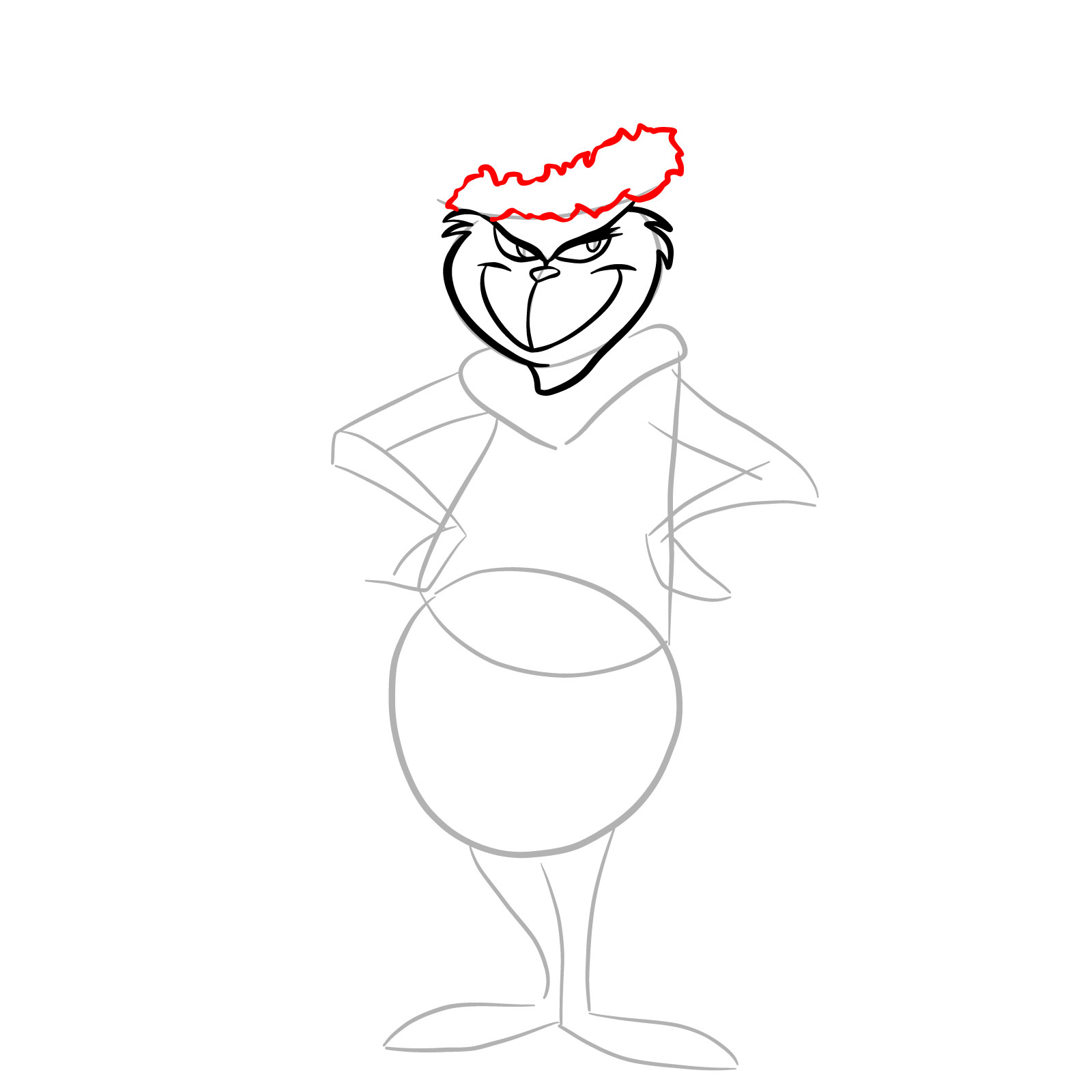 How to draw The Grinch in a Christmas costume - step 09