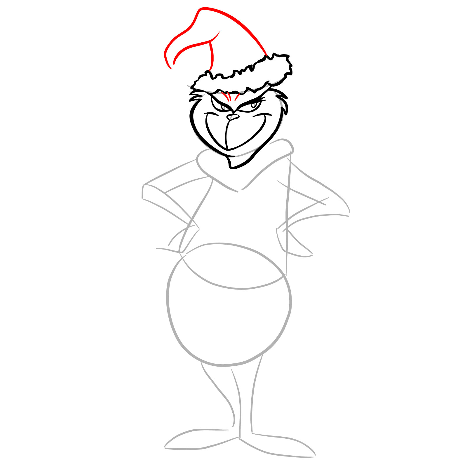 How to draw The Grinch in a Christmas costume - step 10
