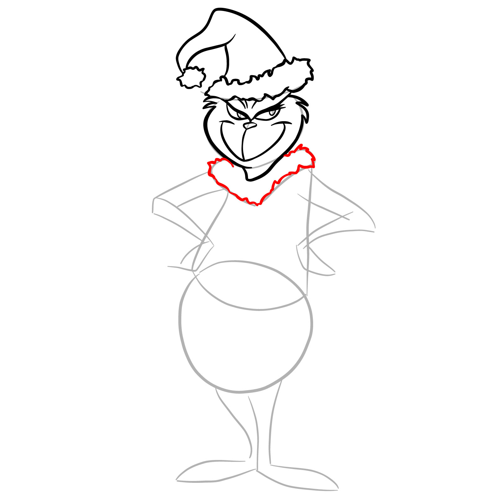 How to draw The Grinch in a Christmas costume - step 12