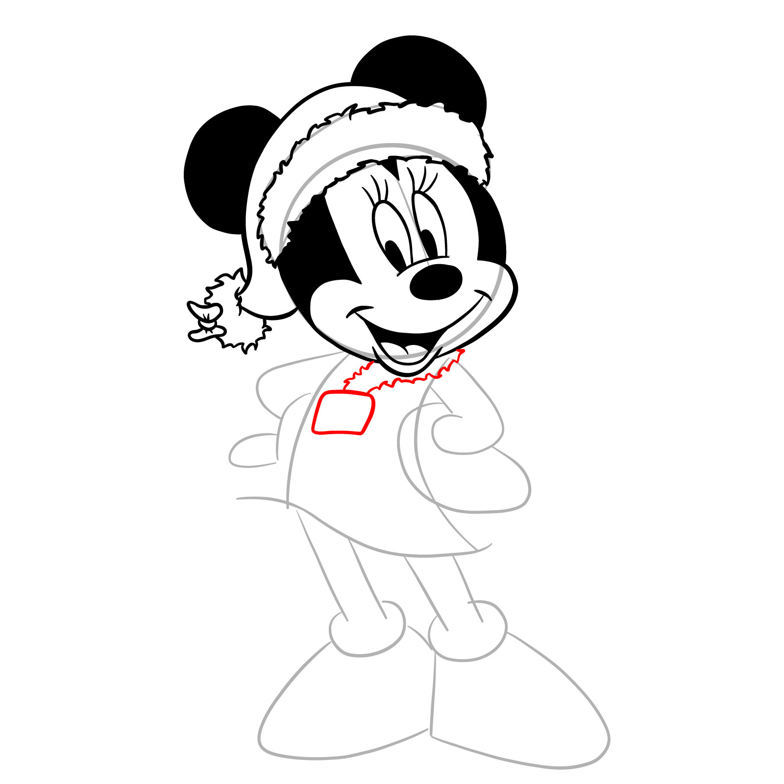 How to draw Minnie in a Christmas dress - step 18