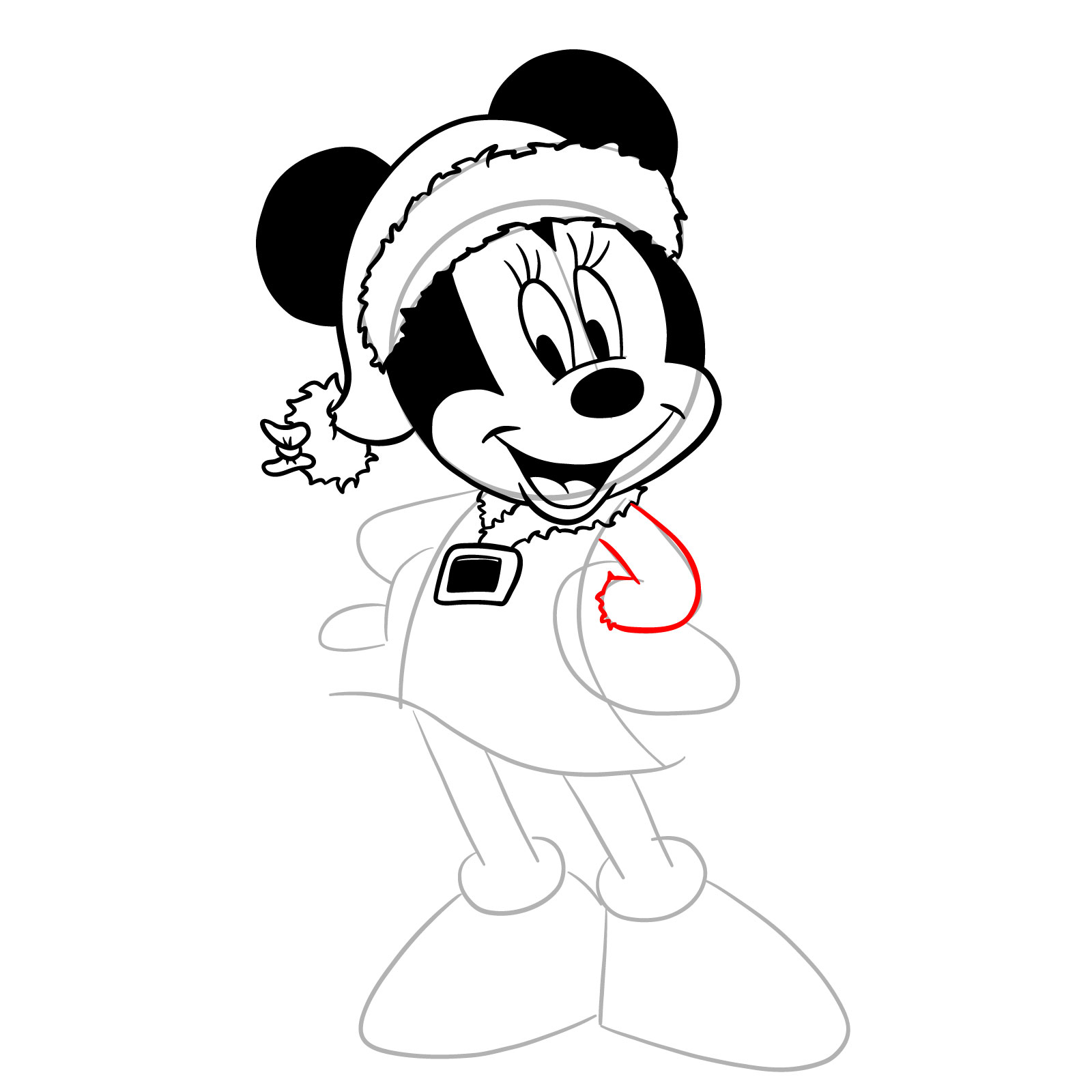 How to draw Minnie in a Christmas dress - step 20