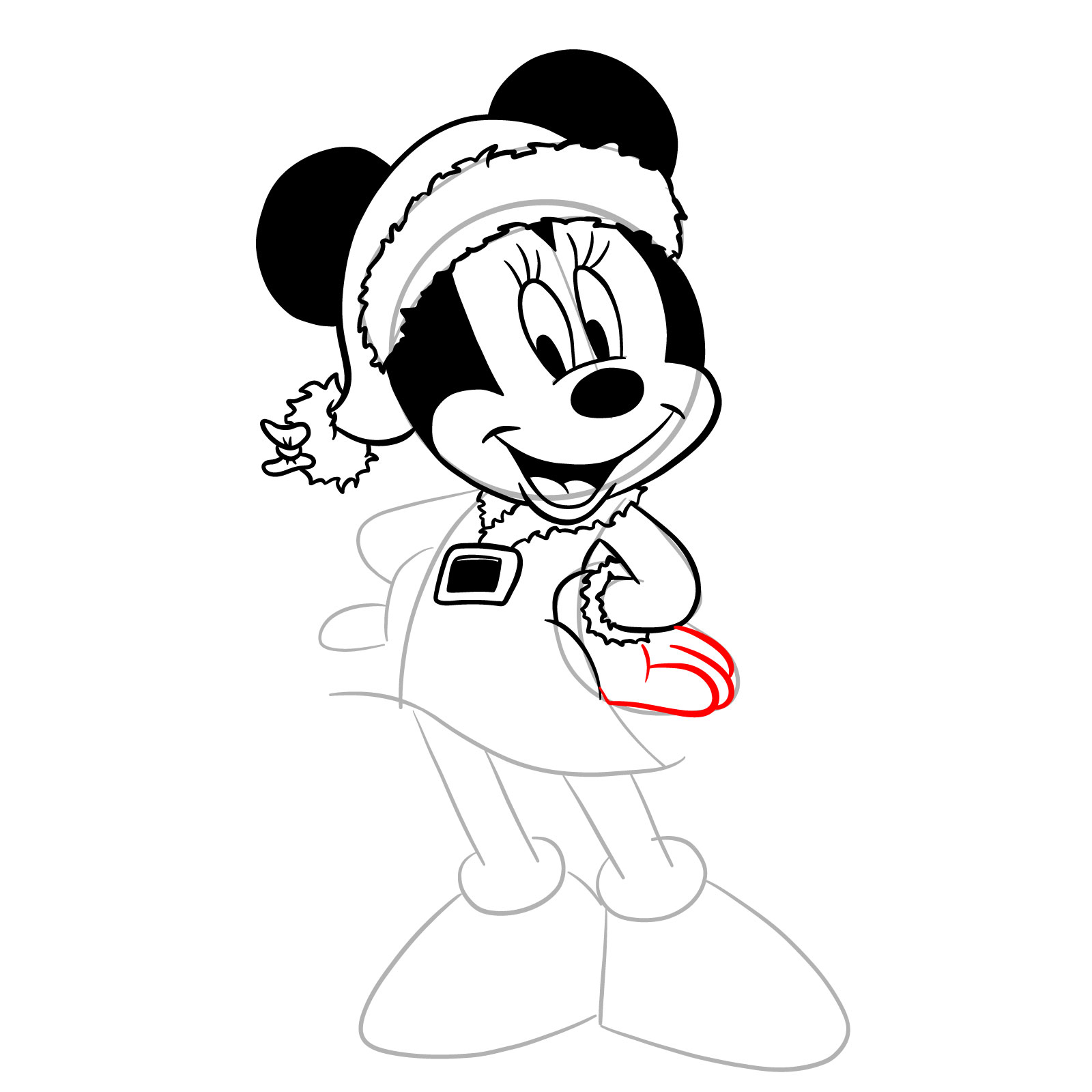 How to draw Minnie in a Christmas dress - step 23
