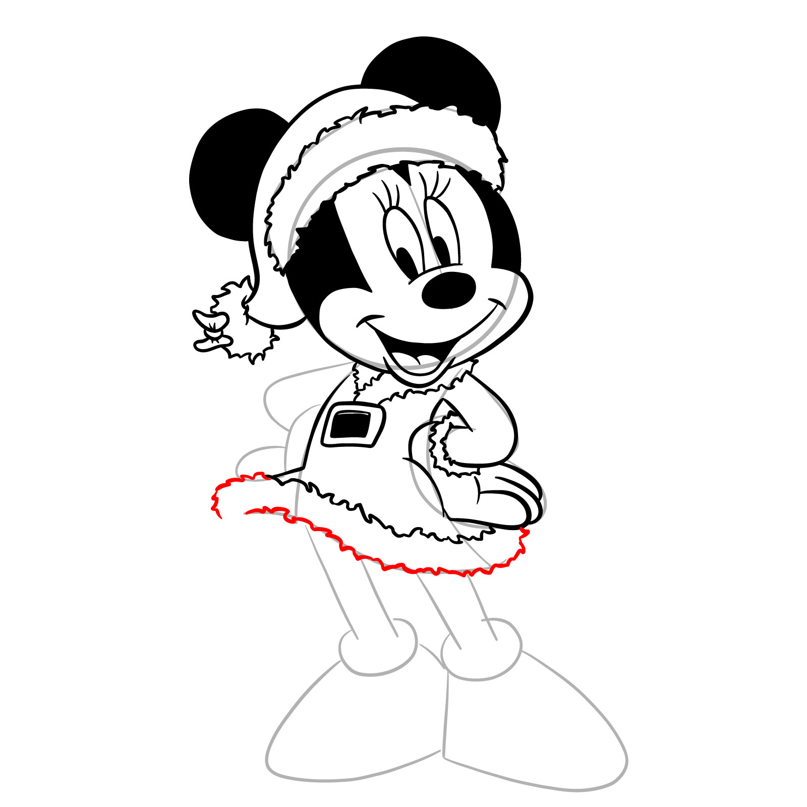 How to draw Minnie in a Christmas dress - step 25
