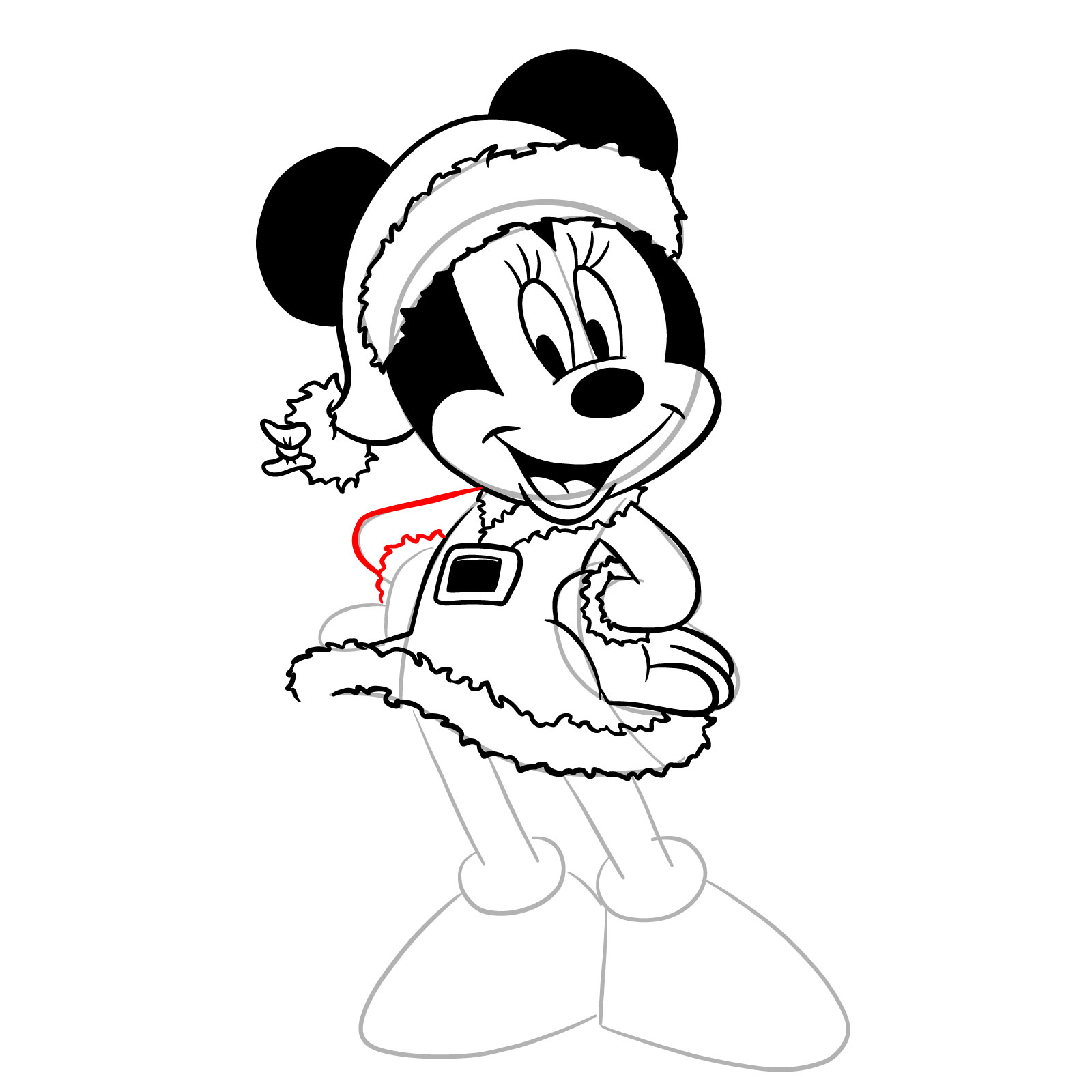 How to draw Minnie in a Christmas dress - step 26