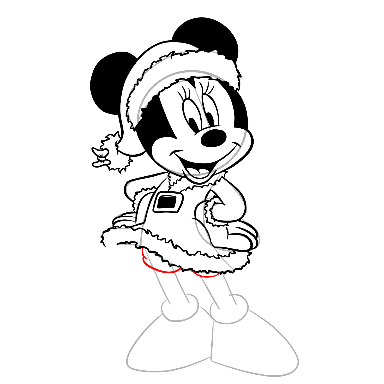 How to draw Minnie in a Christmas dress - step 28
