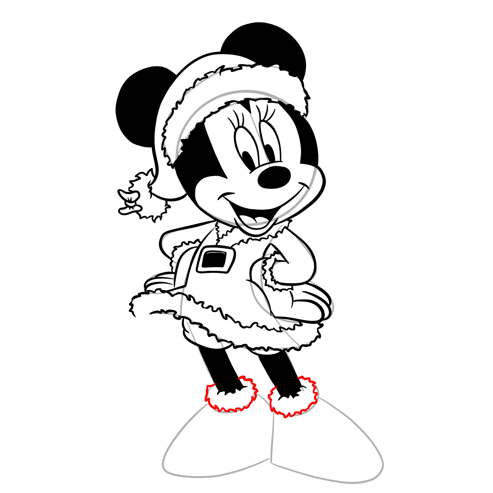 How to draw Minnie in a Christmas dress - step 30