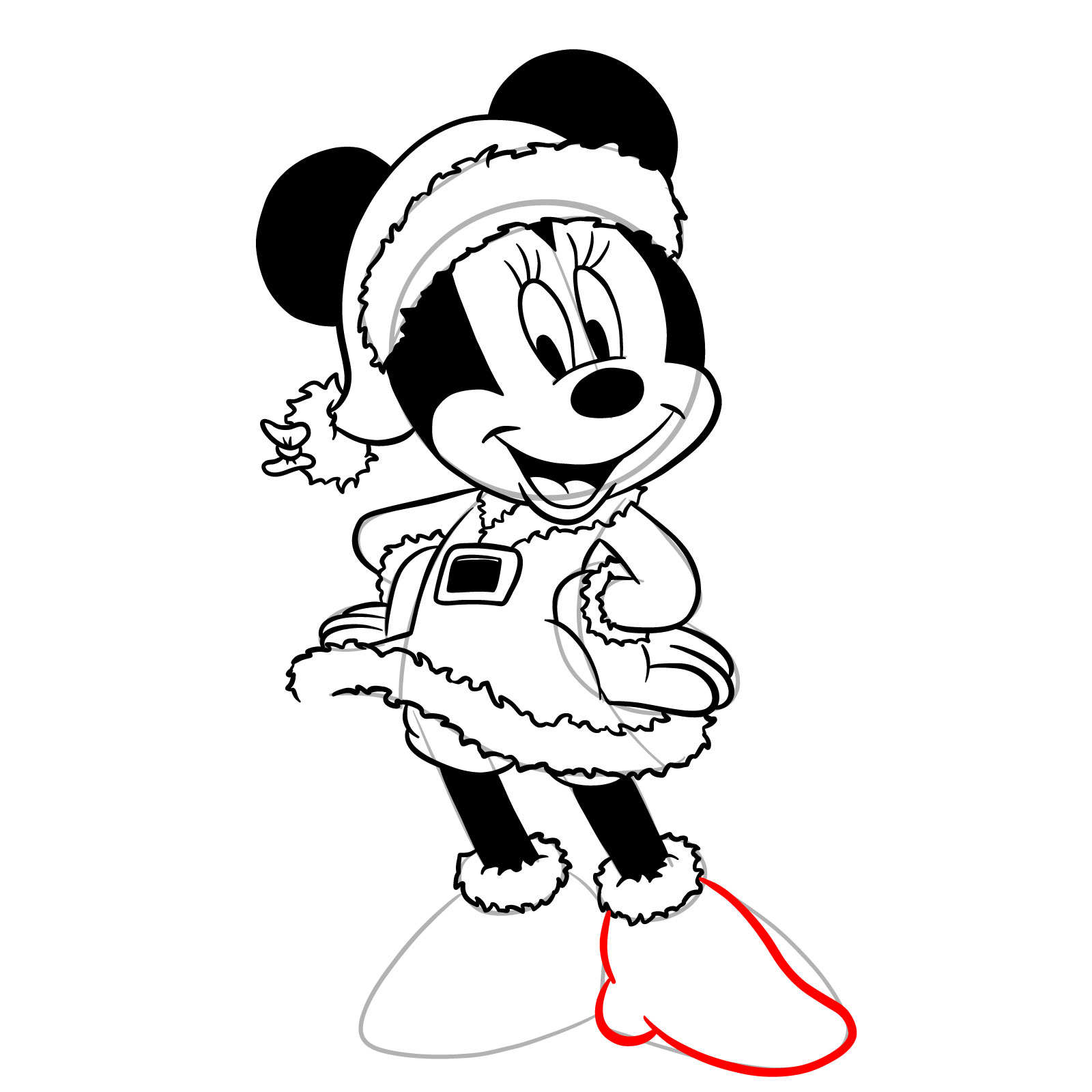How to draw Minnie in a Christmas dress - step 31