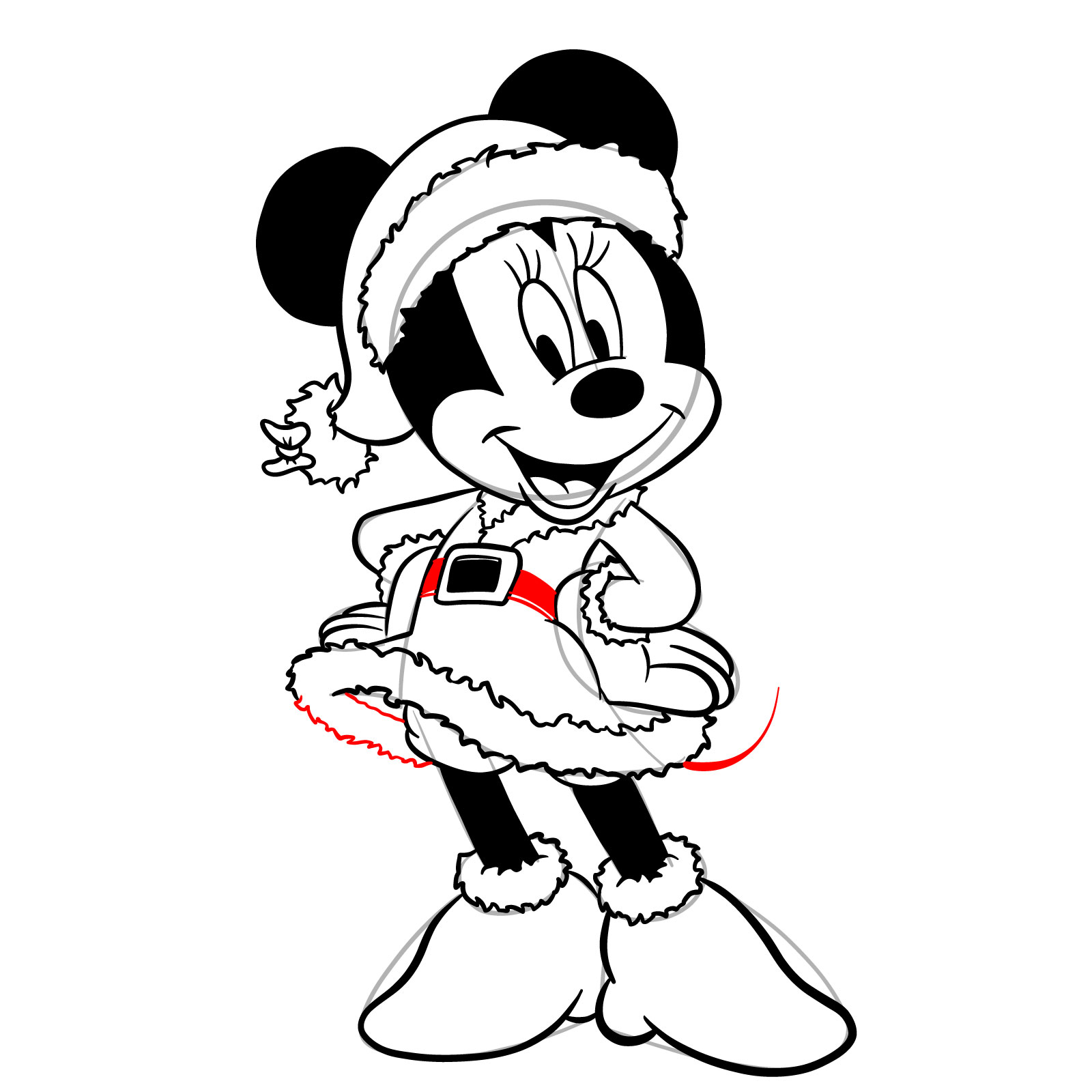 How to draw Minnie in a Christmas dress - step 33
