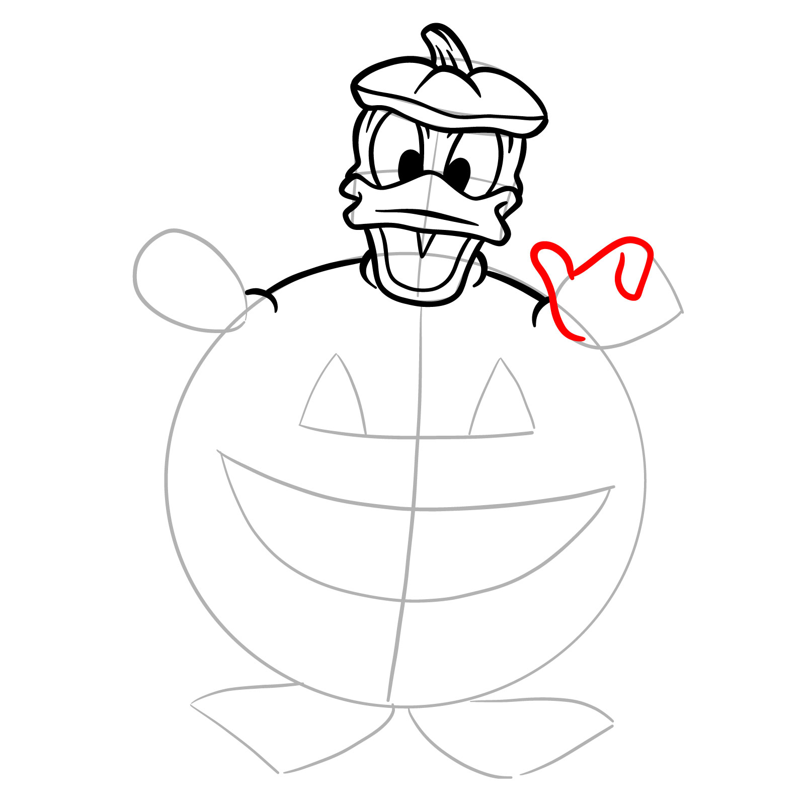 How to draw Halloween Donald Duck in a jack o'lantern - step 14