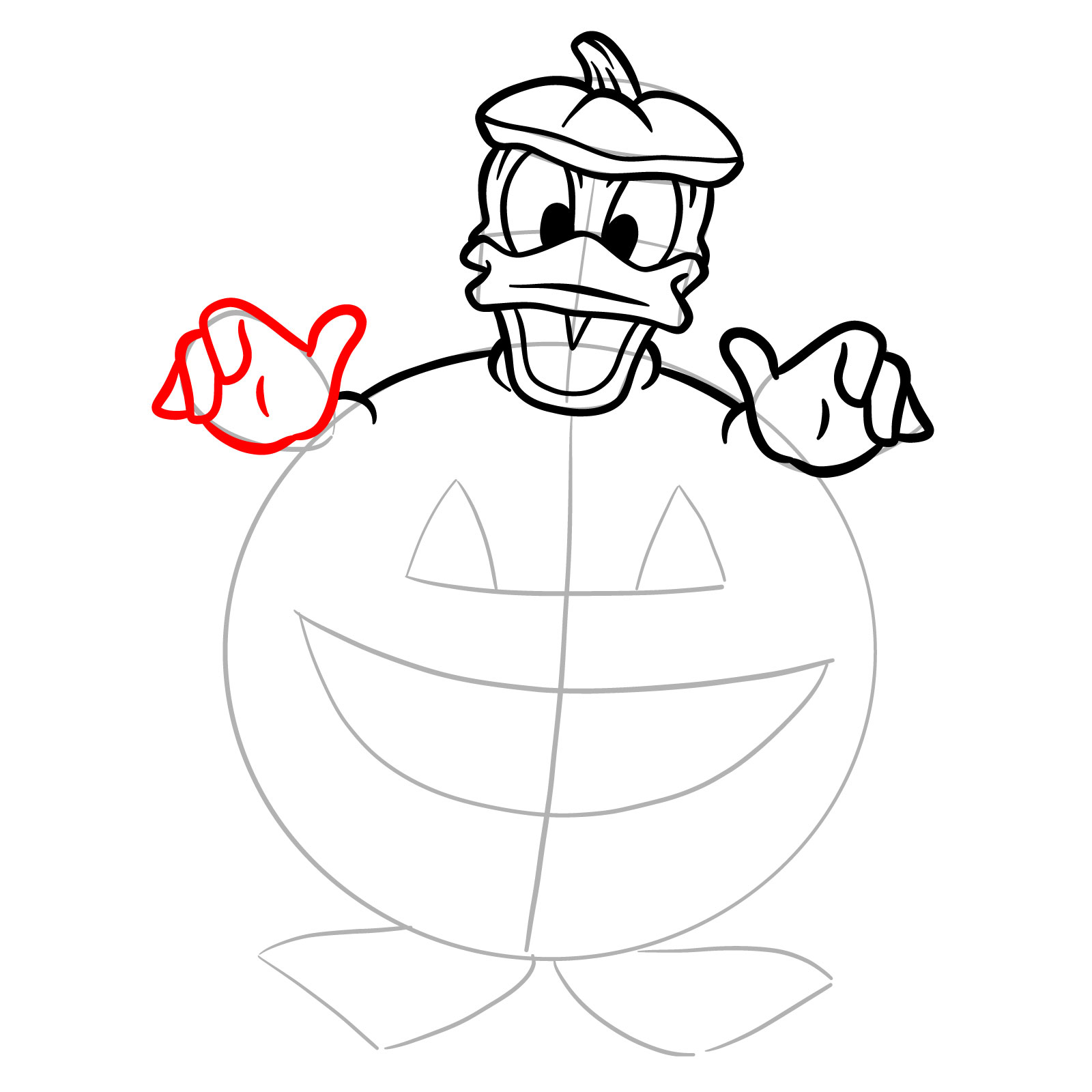 How to draw Halloween Donald Duck in a jack o'lantern - step 16