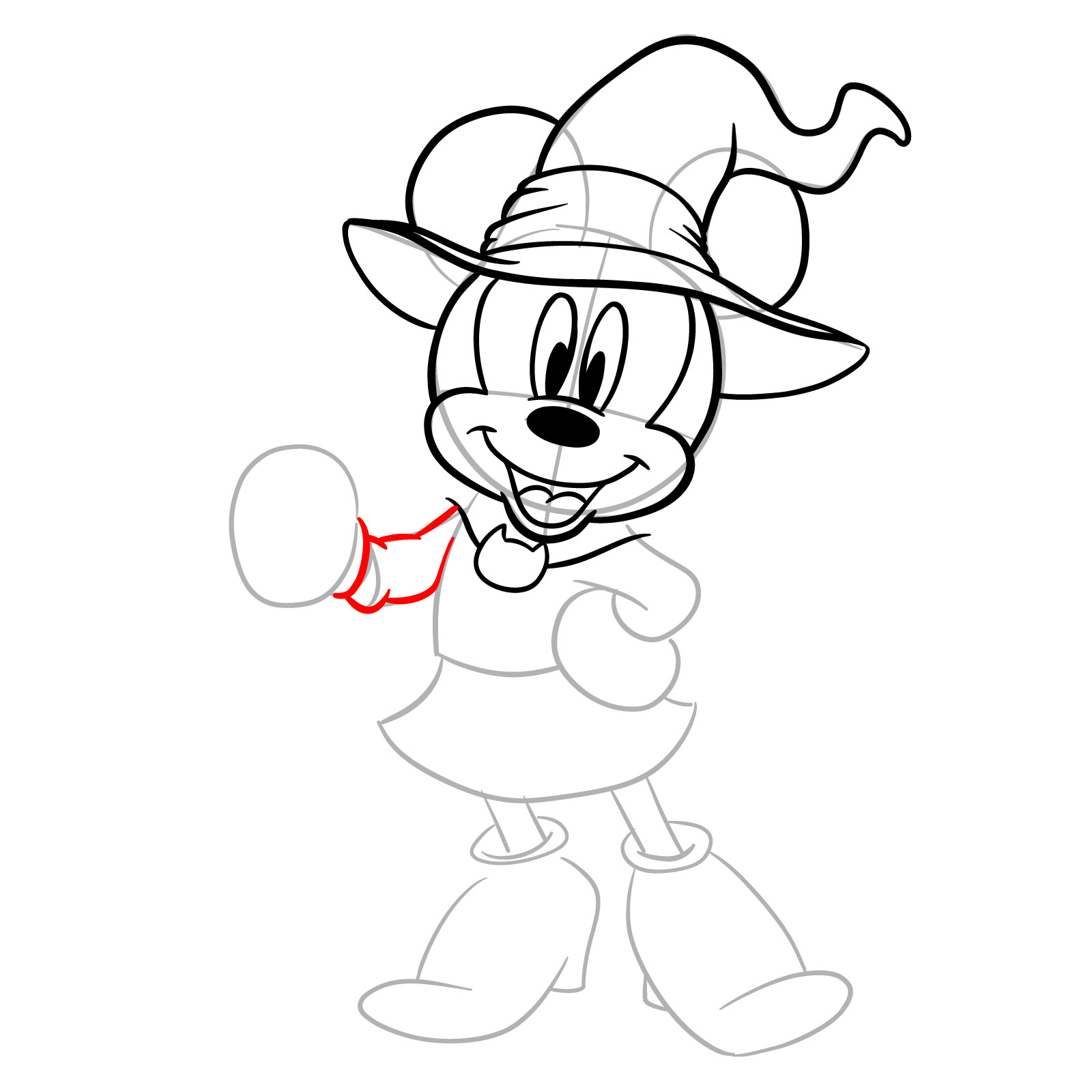 How to draw Halloween Minnie Mouse as a witch - step 14