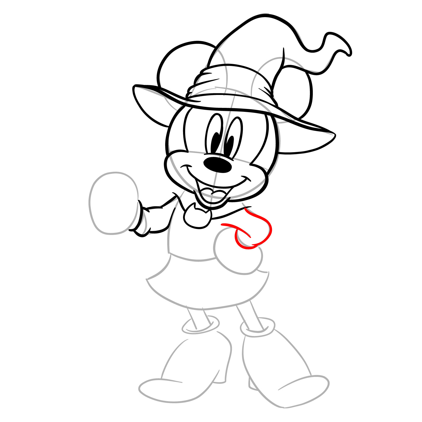 How to draw Halloween Minnie Mouse as a witch - step 15