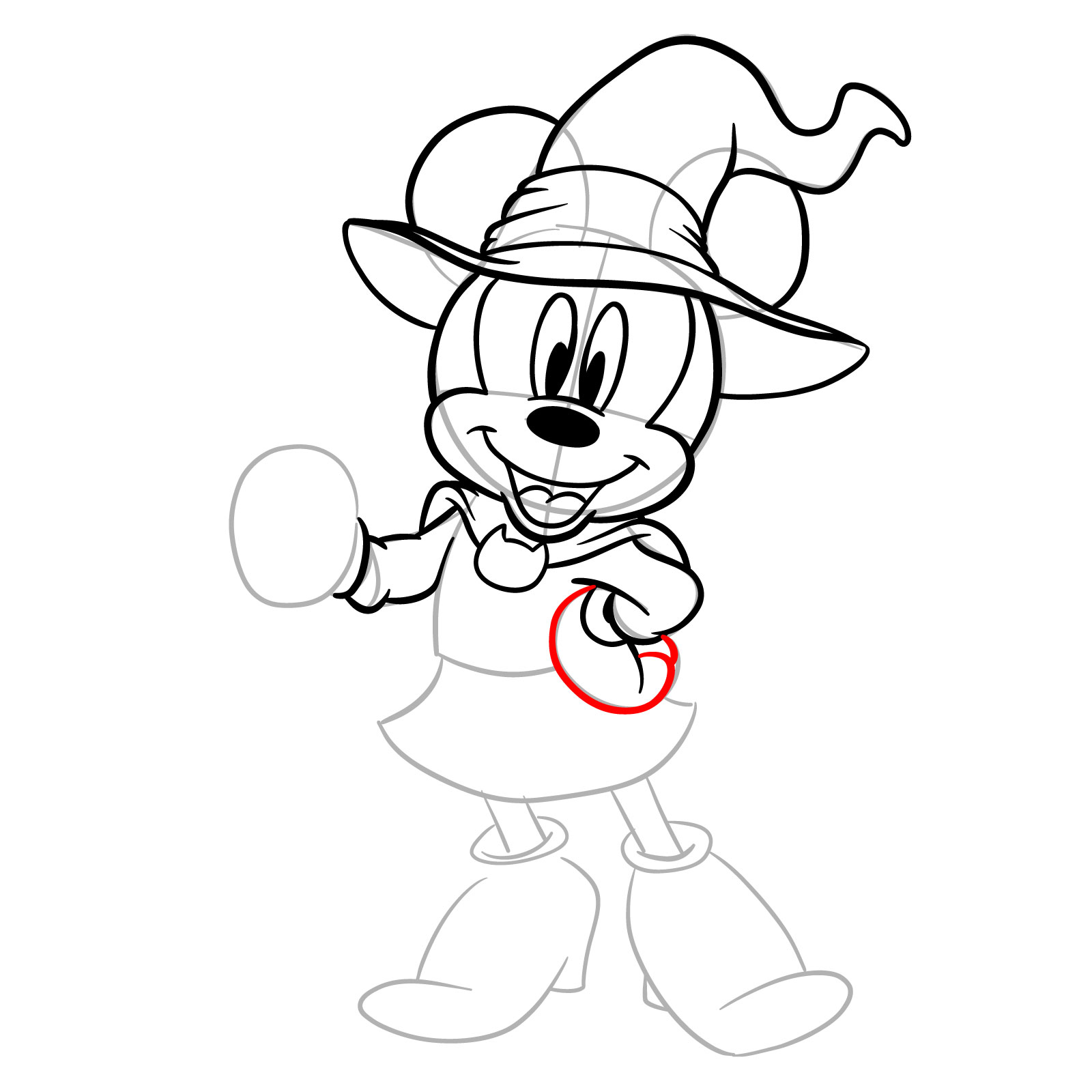 How to draw Halloween Minnie Mouse as a witch - step 18