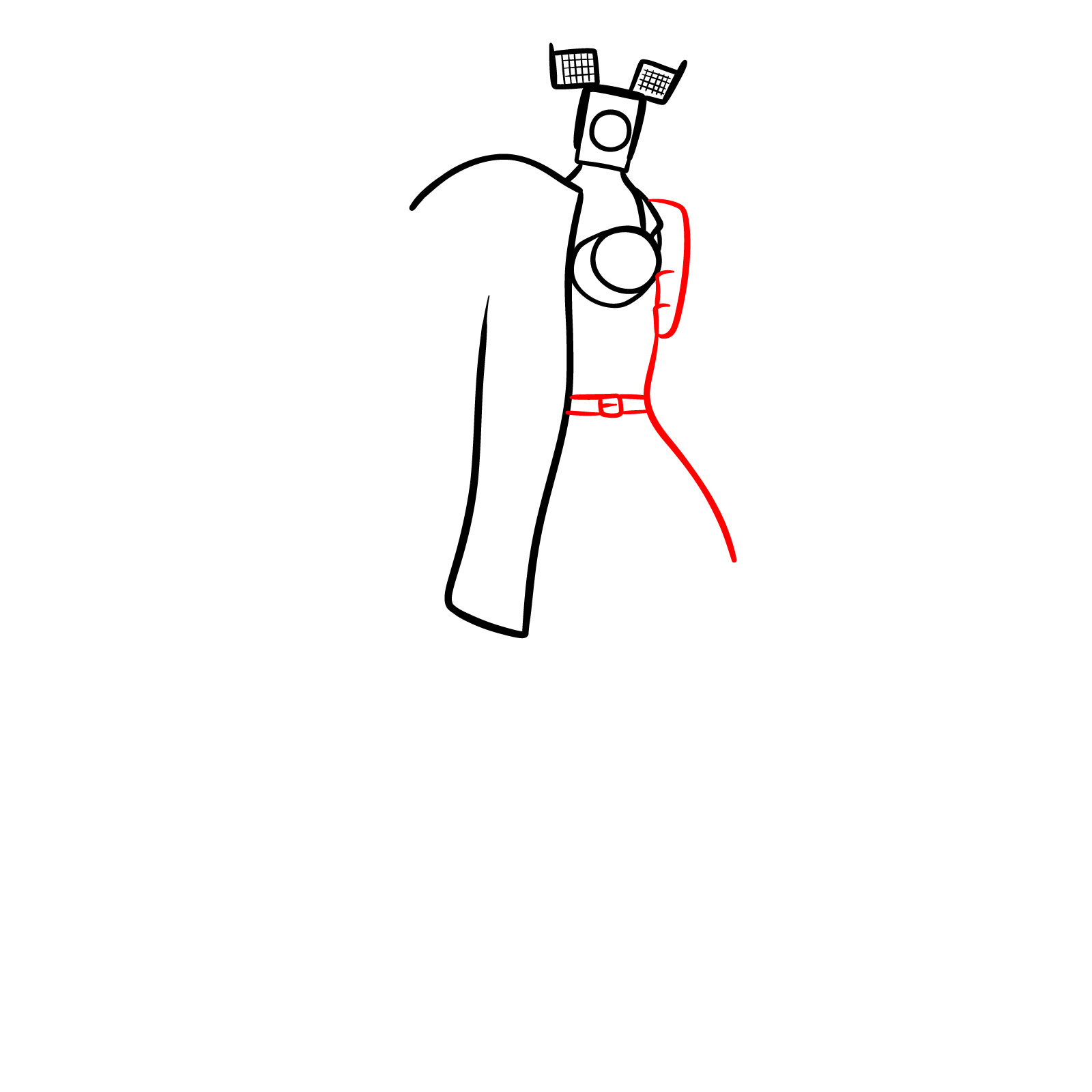 Detailed drawing of Titan Cameraman's left shoulder strap, left torso, belt, and hip - step 06