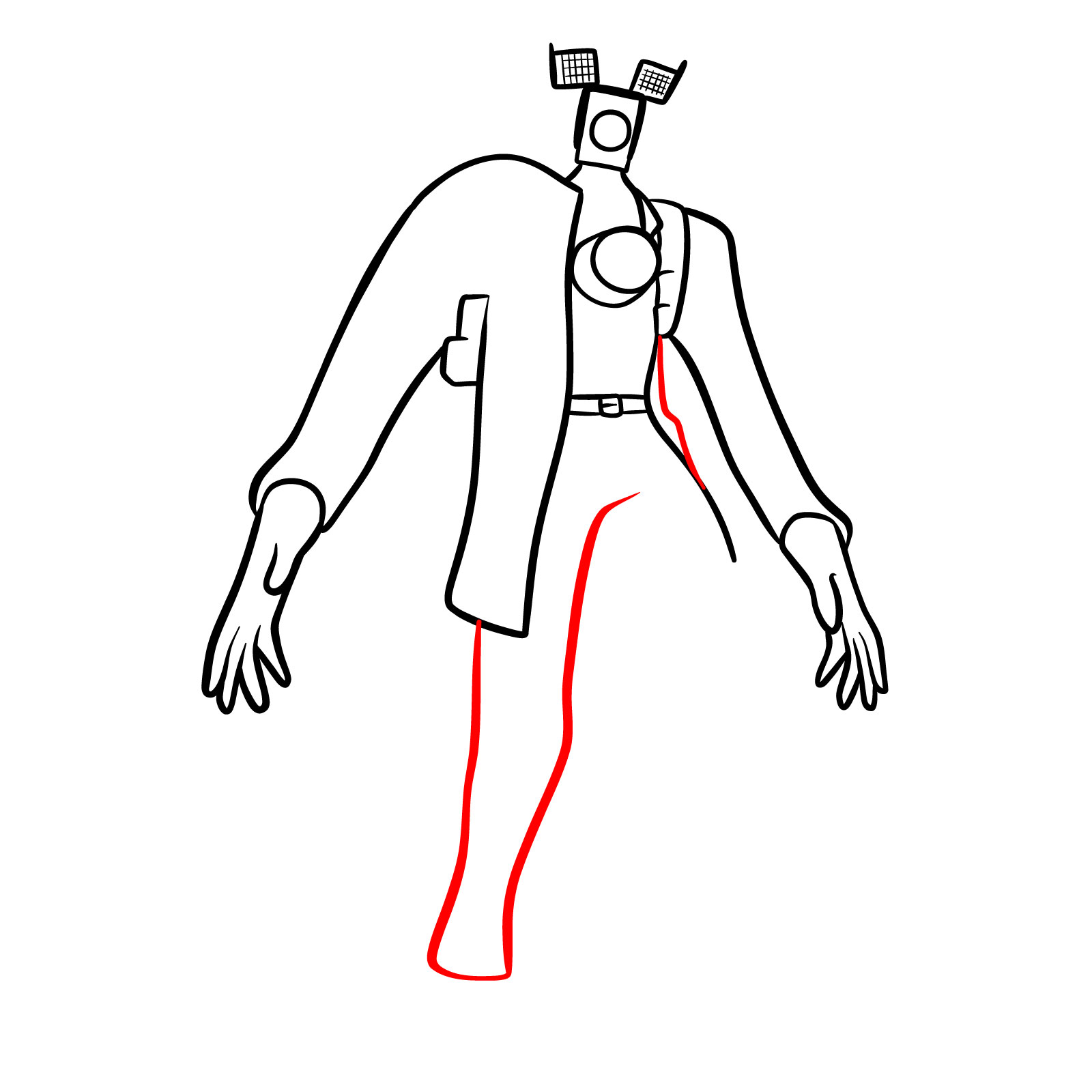 Drawing Titan Cameraman's right leg and the continuation of the left part of his jacket - step 11