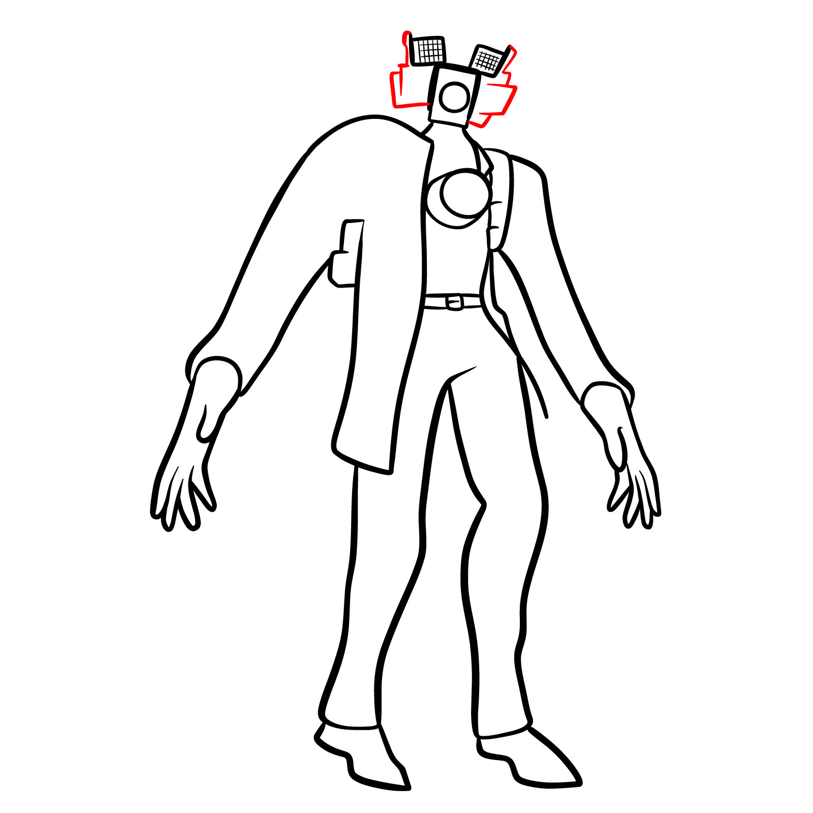 Titan Cameraman's sketch with the head camera elements highlighted in red - step 14