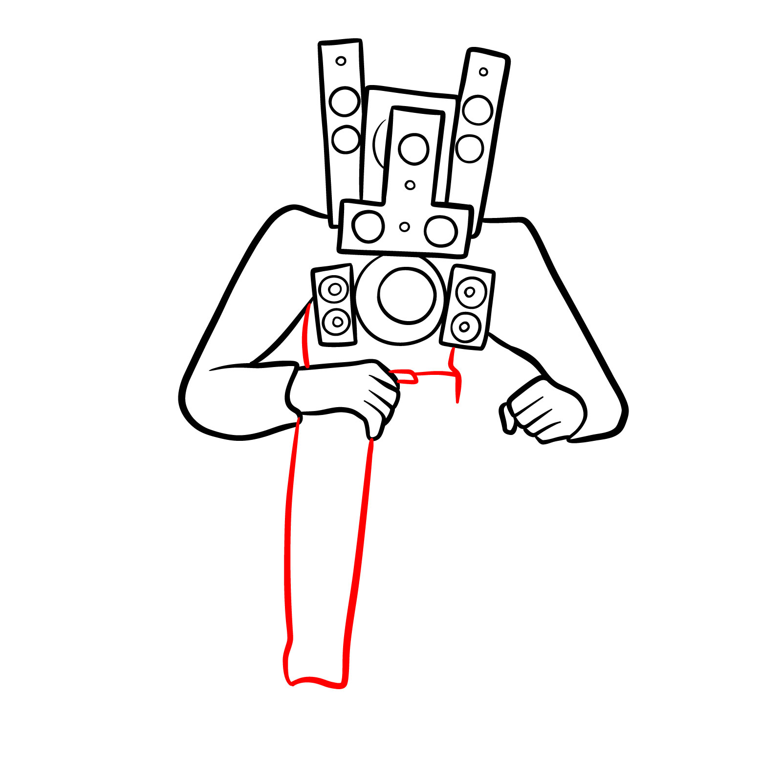 Drawing the torso, belt, and the right leg of Titan Speakerman - step 09