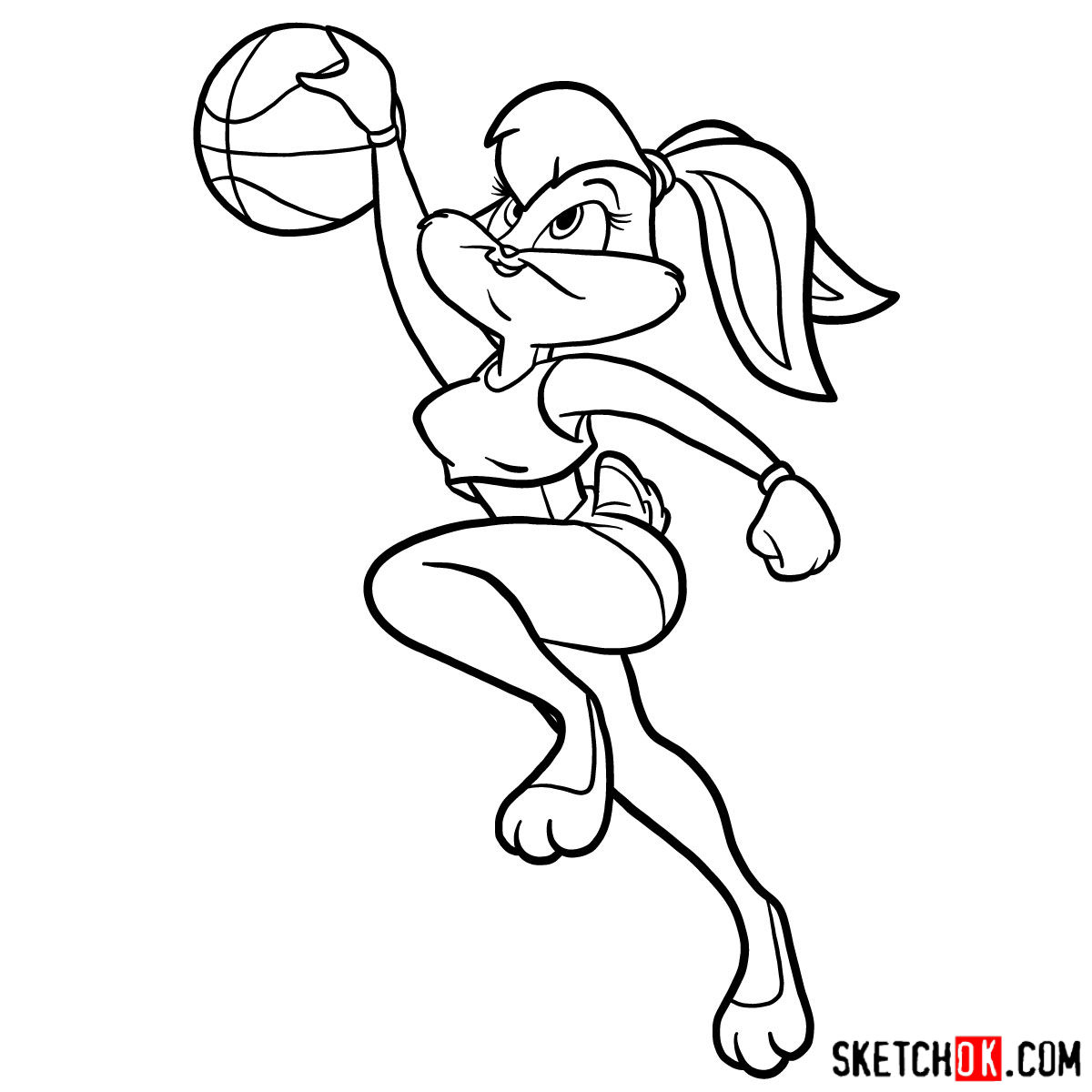 How to draw Lola Bunny playing basketball - Sketchok easy drawing guides