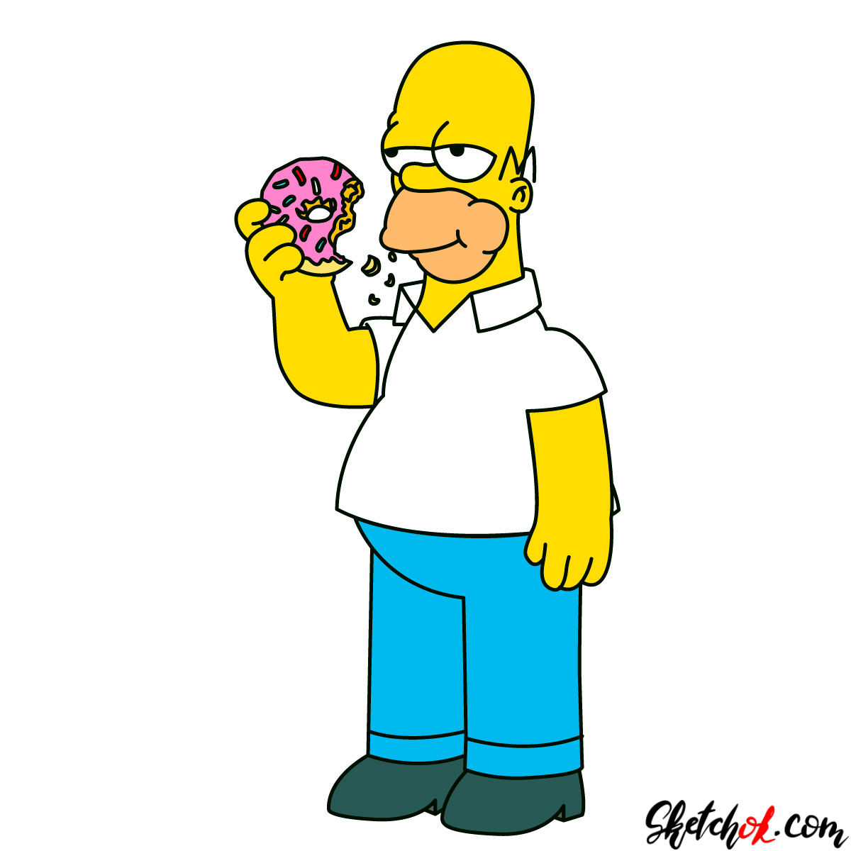 How to draw Homer Simpson eating a donut - SketchOk