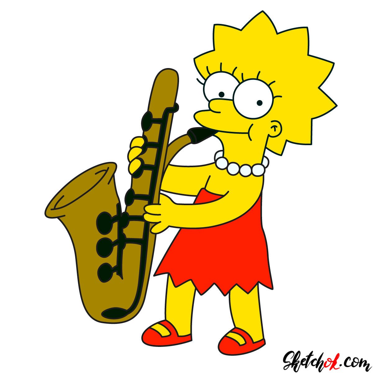 Nadie perjudicar Abolido How to draw Lisa Simpson playing the saxophone - Sketchok easy drawing  guides