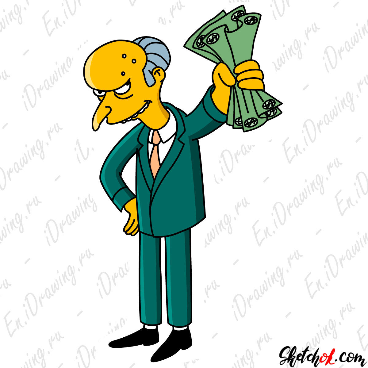 How to draw Monty Burns with dollars in his hand - step 13