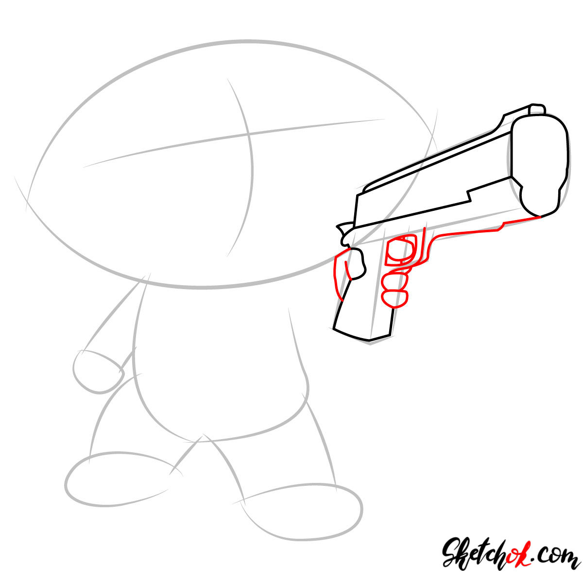 How to draw Stewie Griffin with a pistol - step 03