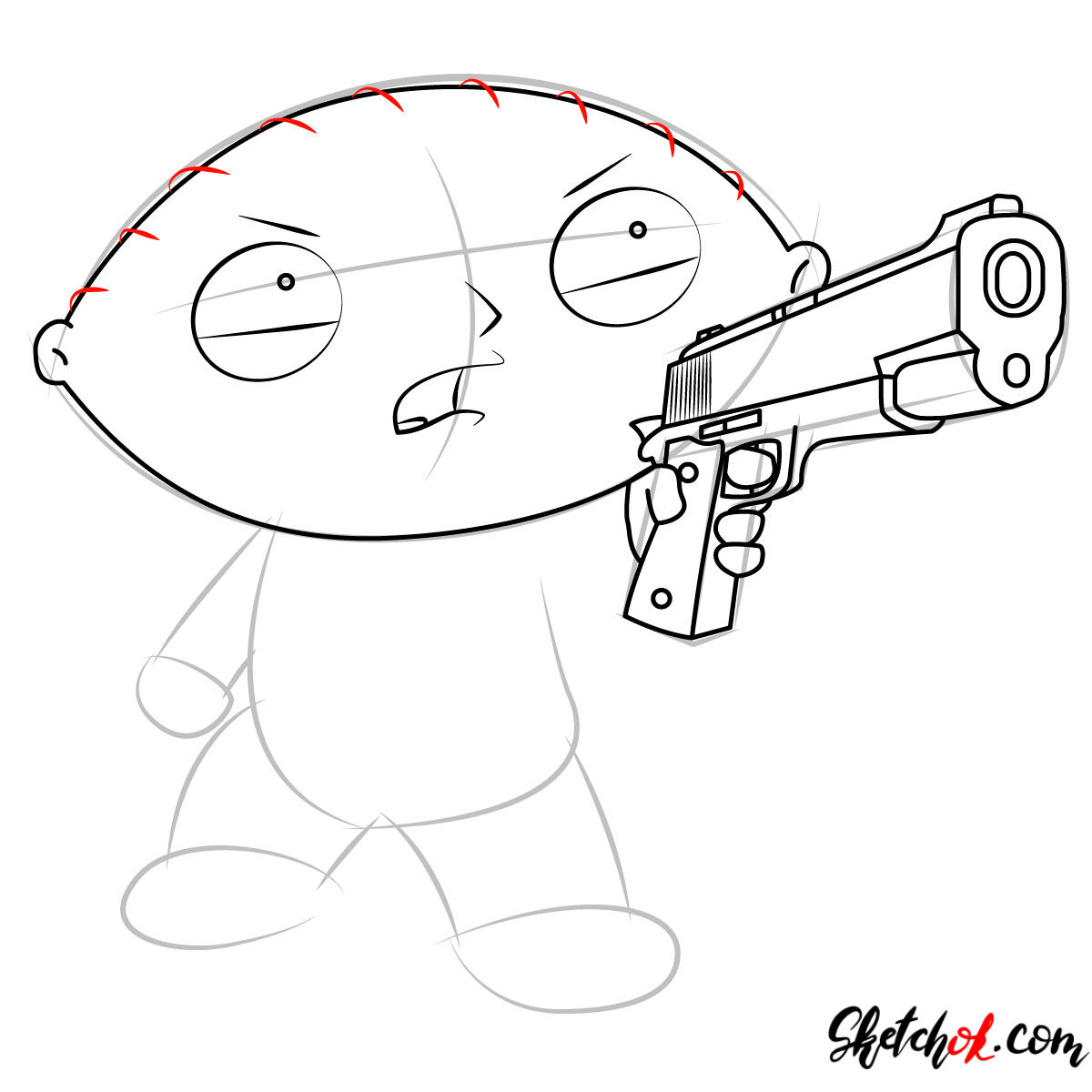 How to draw Stewie Griffin with a pistol - step 07