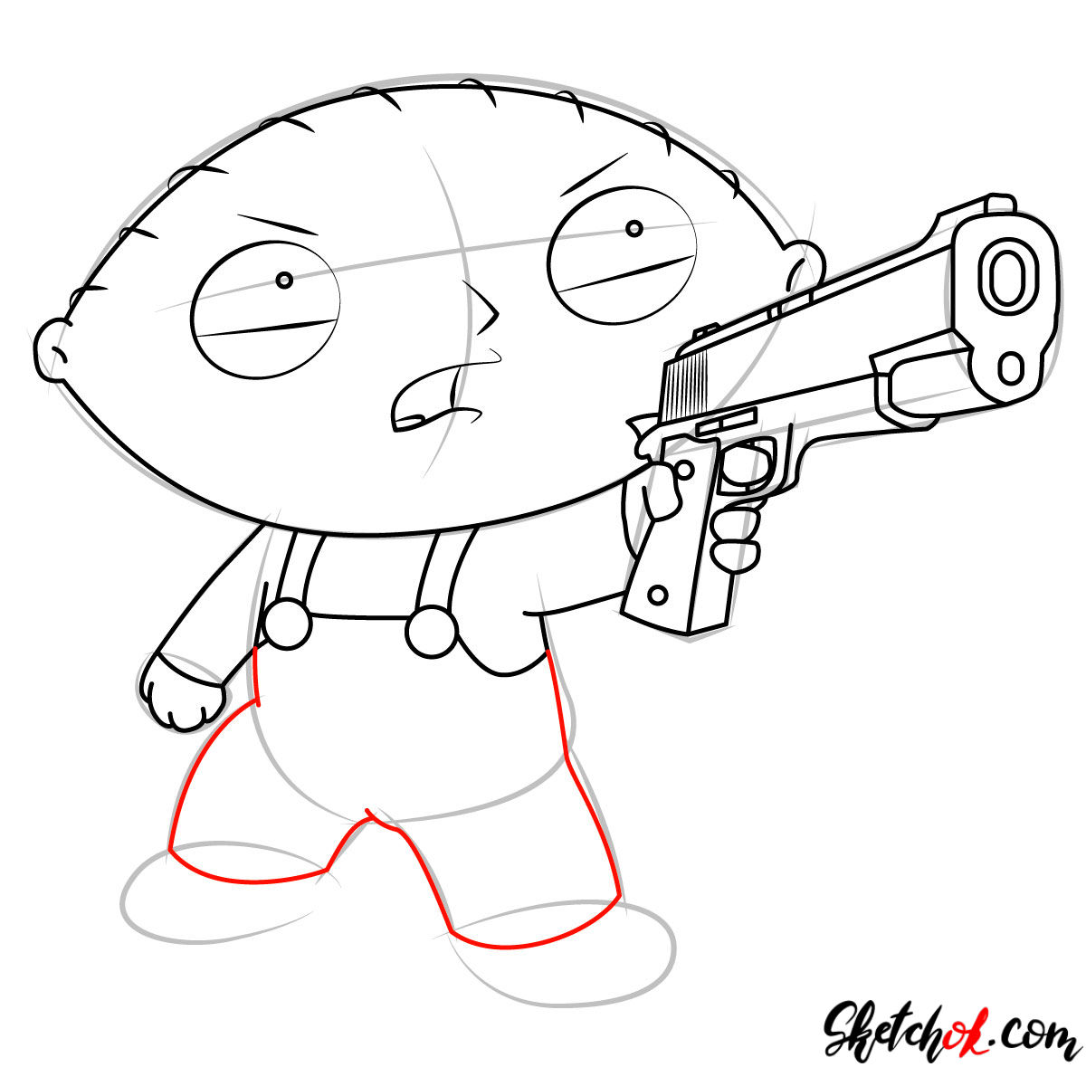 How to draw Stewie Griffin with a pistol Step by step