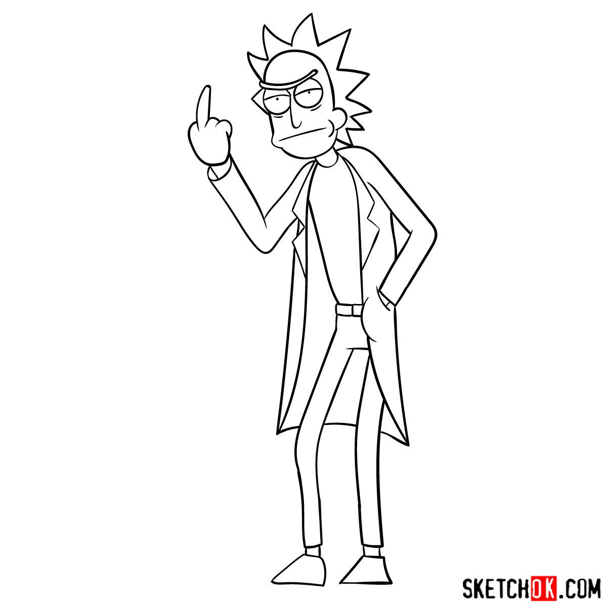 How to draw Rick showing his middle finger Step by step